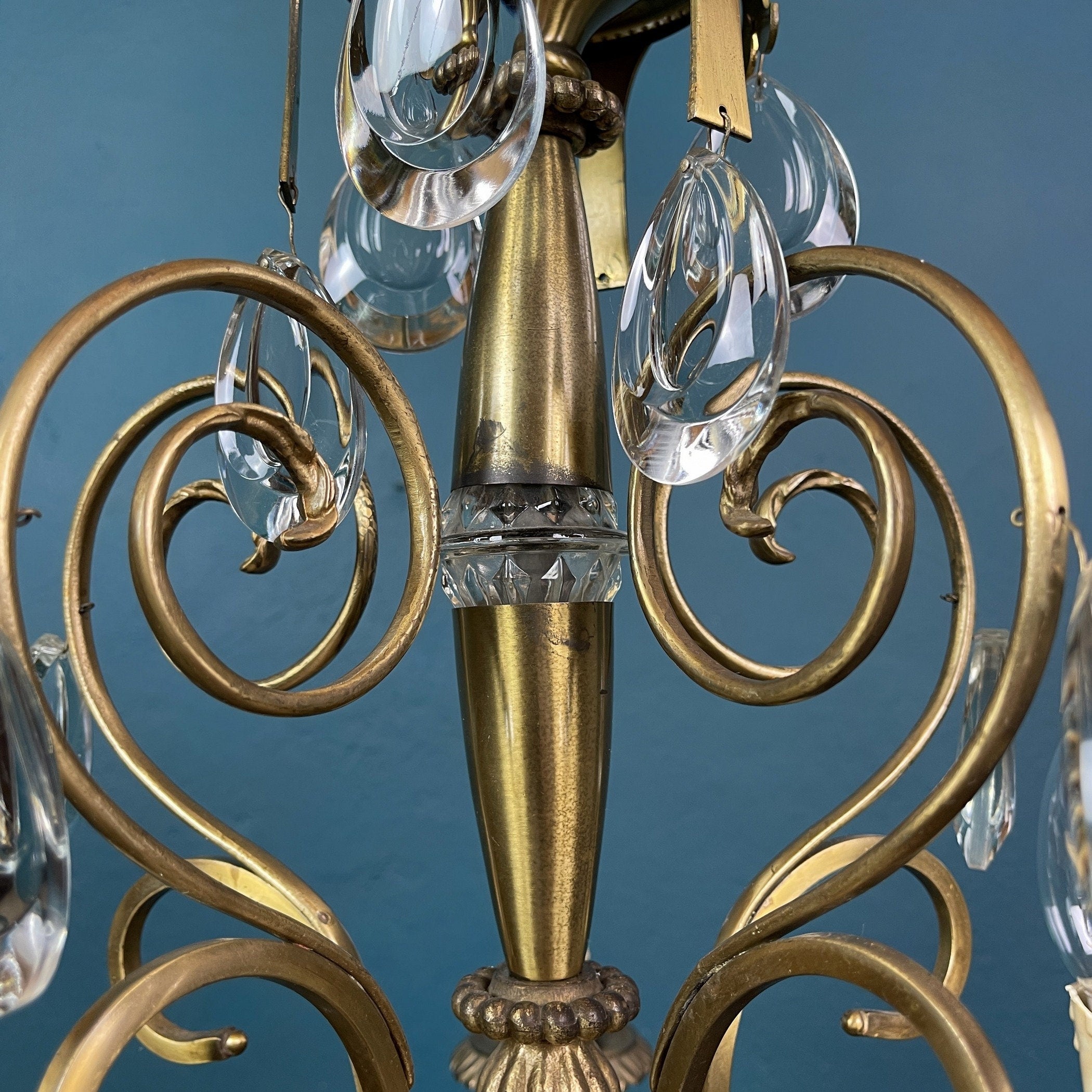 Vintage Italian Chandelier: 1960s Bronze 5-Arm Crystal Drop Light