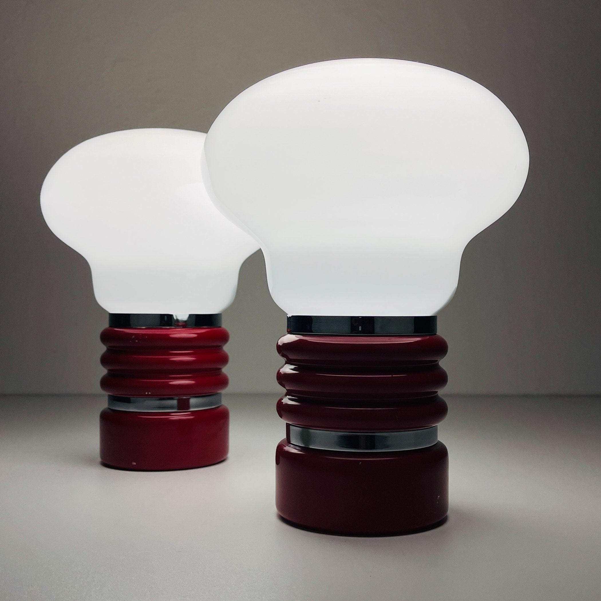 Vintage Enrico Tronconi Bulb Lamps: Red Enamel & Opaline Glass, Set of 2