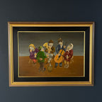 Vintage Naive Art Oil Painting: Rural Feast, Yugoslavia Folk Art