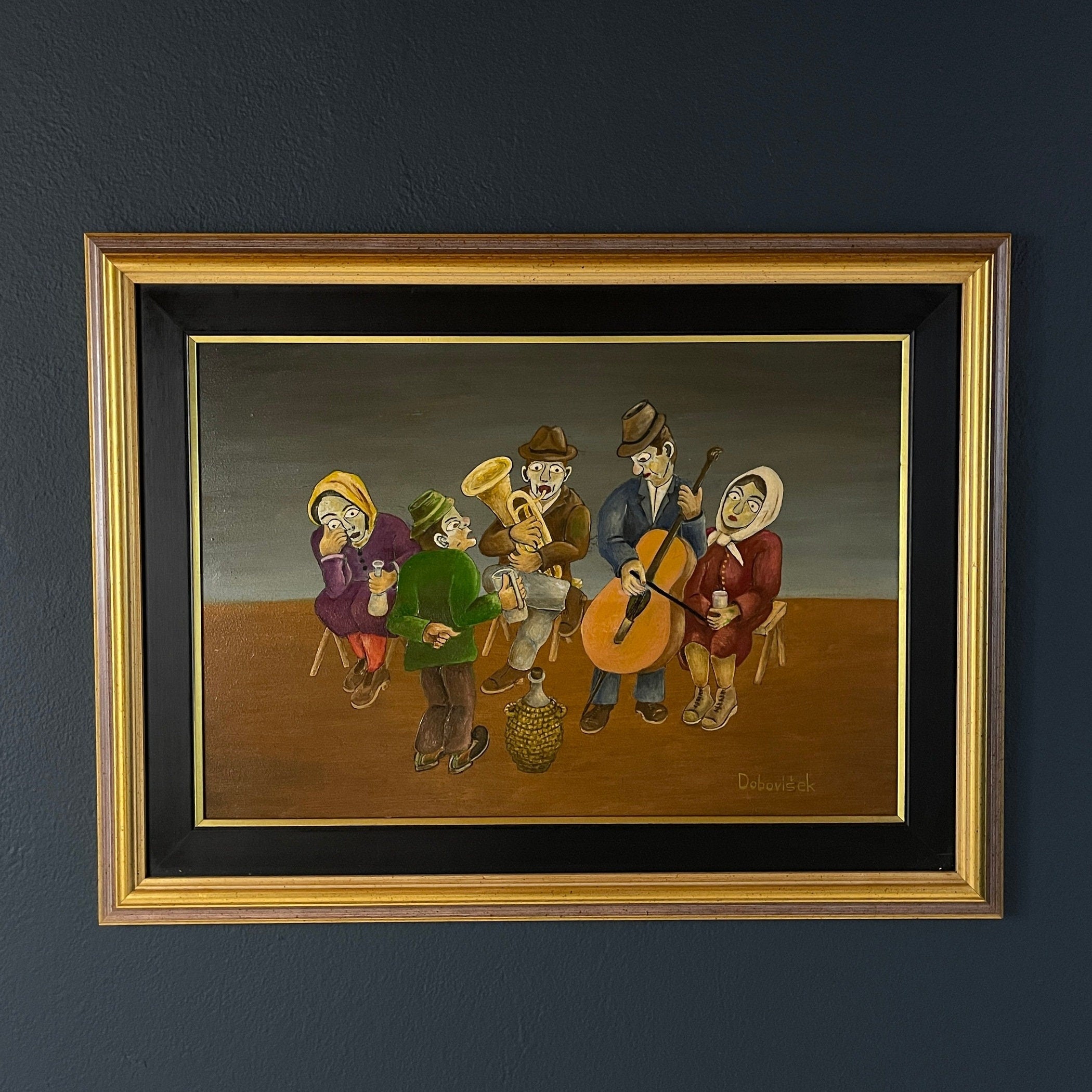 Vintage Naive Art Oil Painting: Rural Feast, Yugoslavia Folk Art