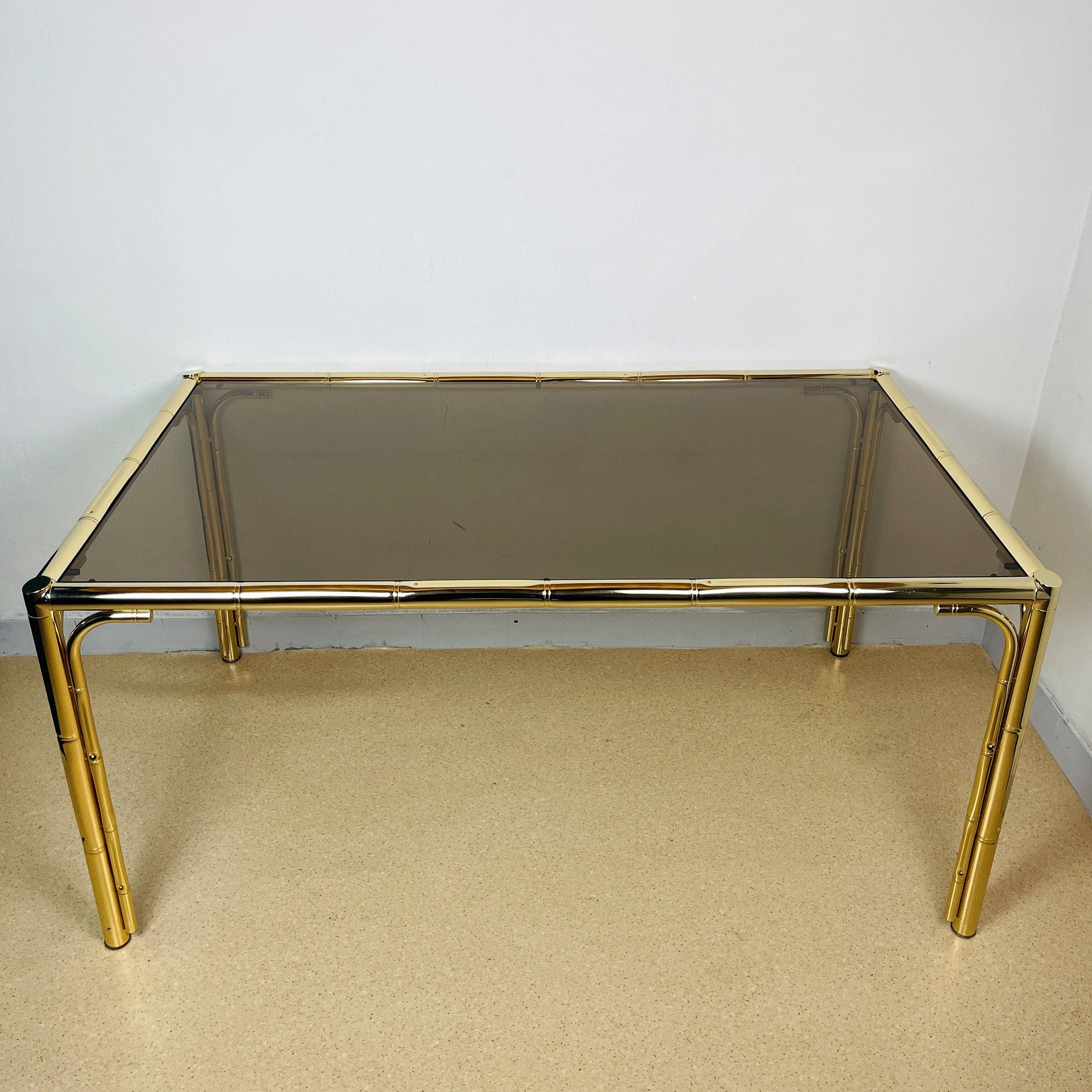 Vintage Brass Faux Bamboo Dining Set: 4 Chairs & Smoked Glass Table, France 1970s