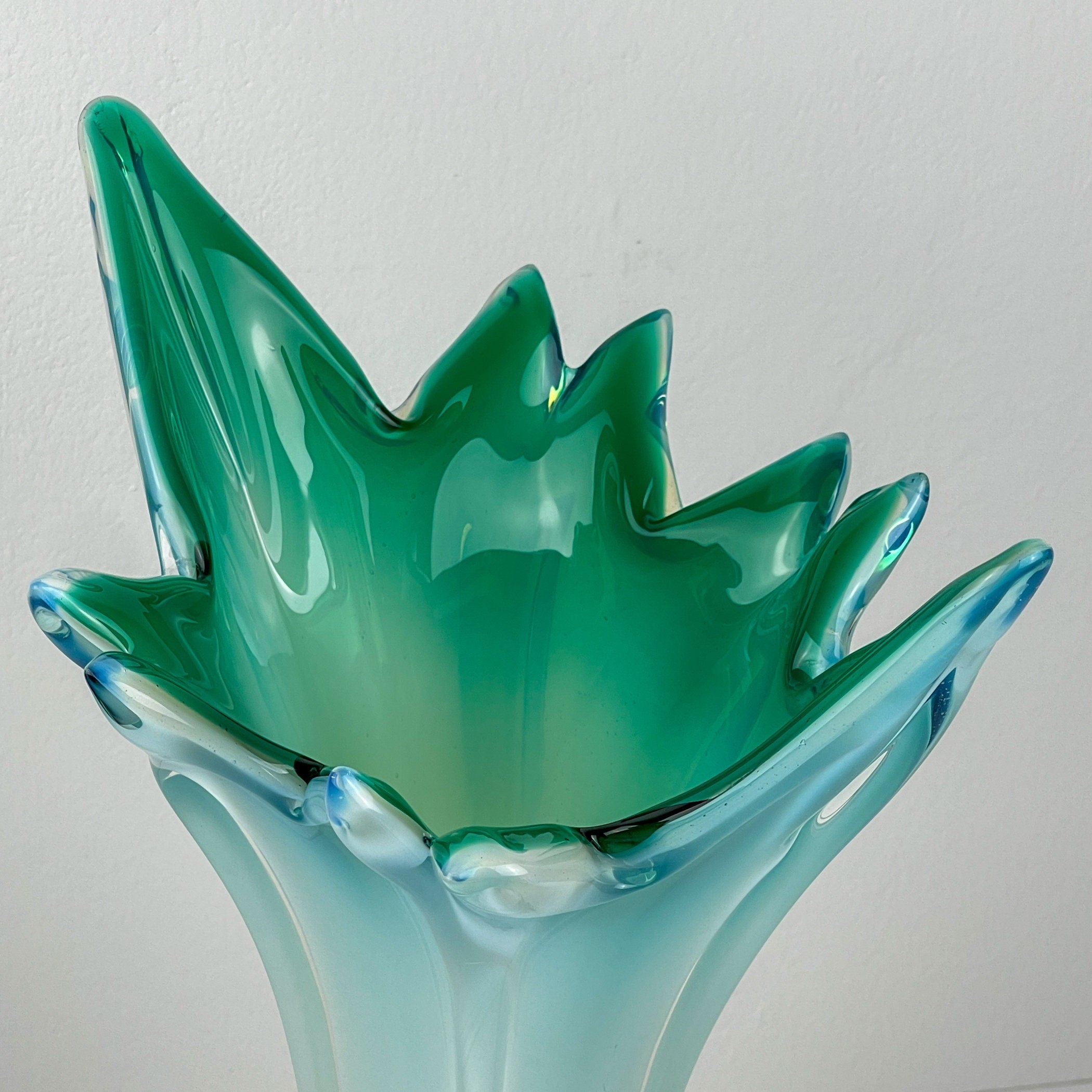 Vintage large green-blue murano vase, Italy 1970s, Mid-century home decor
