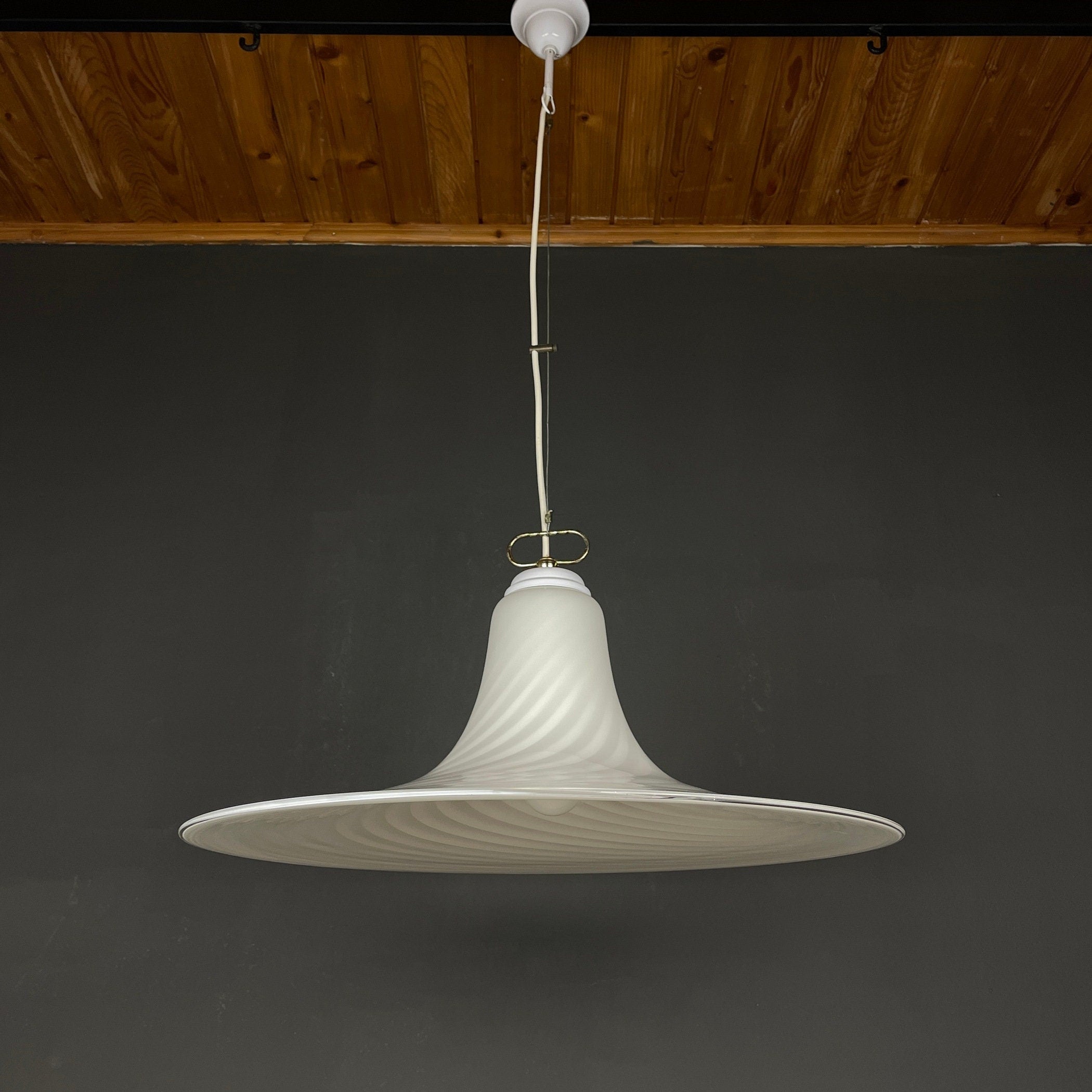 Vintage Murano Glass Pendant Lamp: Swirl White Mid-Century Lighting