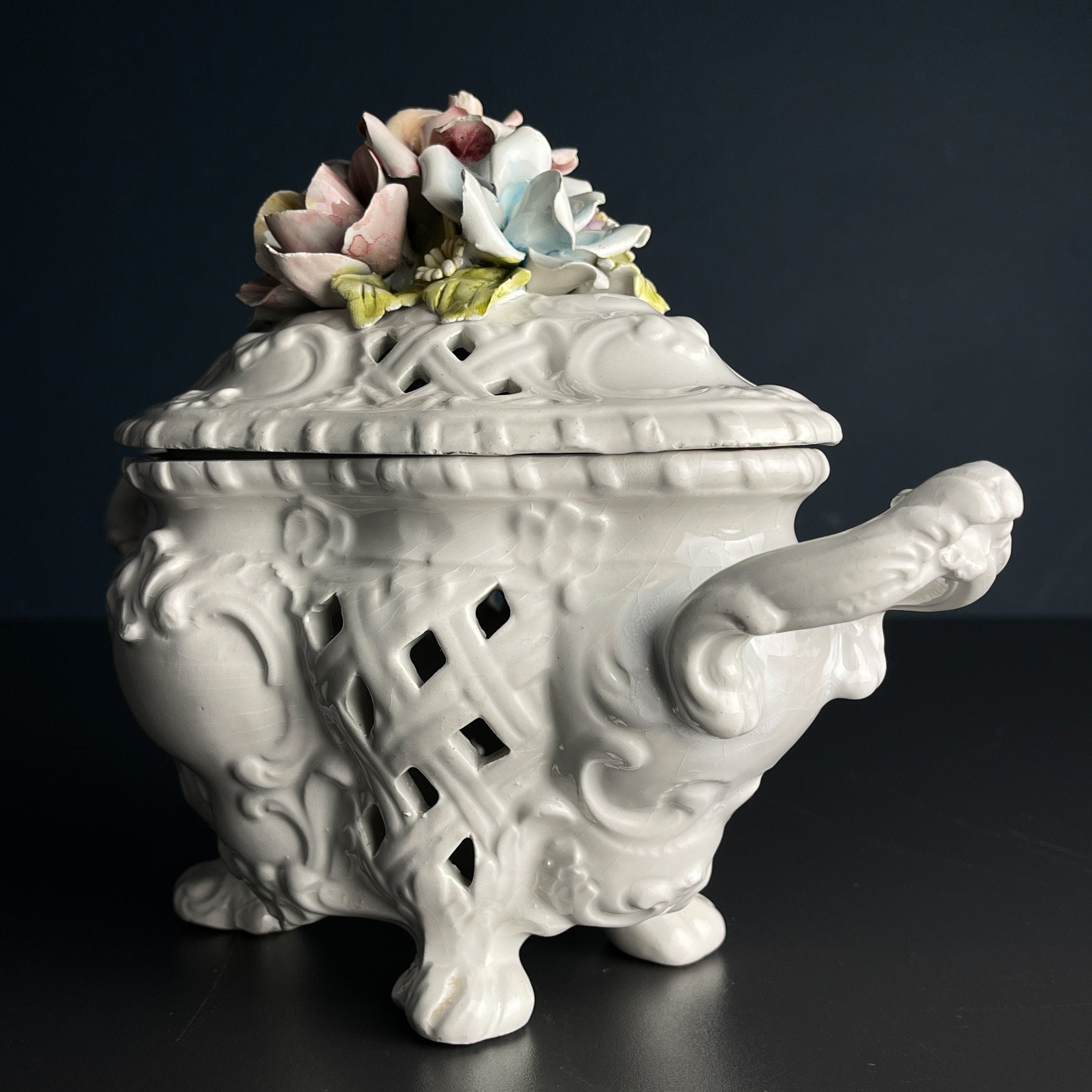 Vintage Bassano Italy Ceramic Tureen with Floral Lid, 1950s Decor
