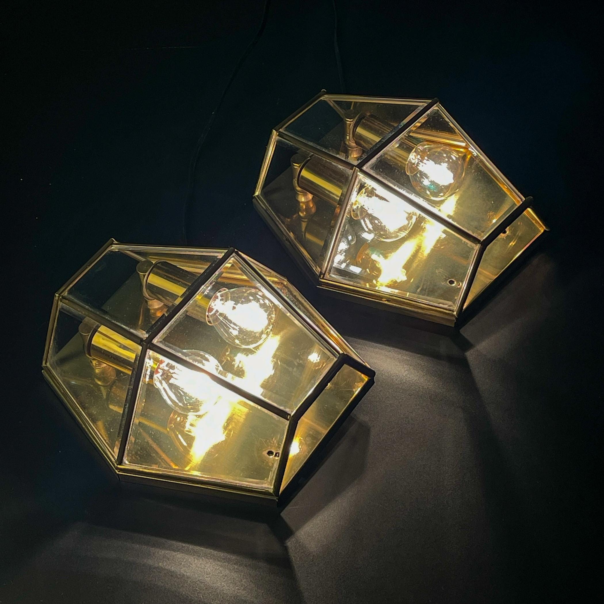 Hexagonal Gold Brass and Crystal Sconces, 1960s, Set of 2, Vintage home decor