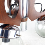 Mid-Century Modern Chandelier: 1970s Yugoslavia Wood, Glass, & Metal 3-Bulb Lamp