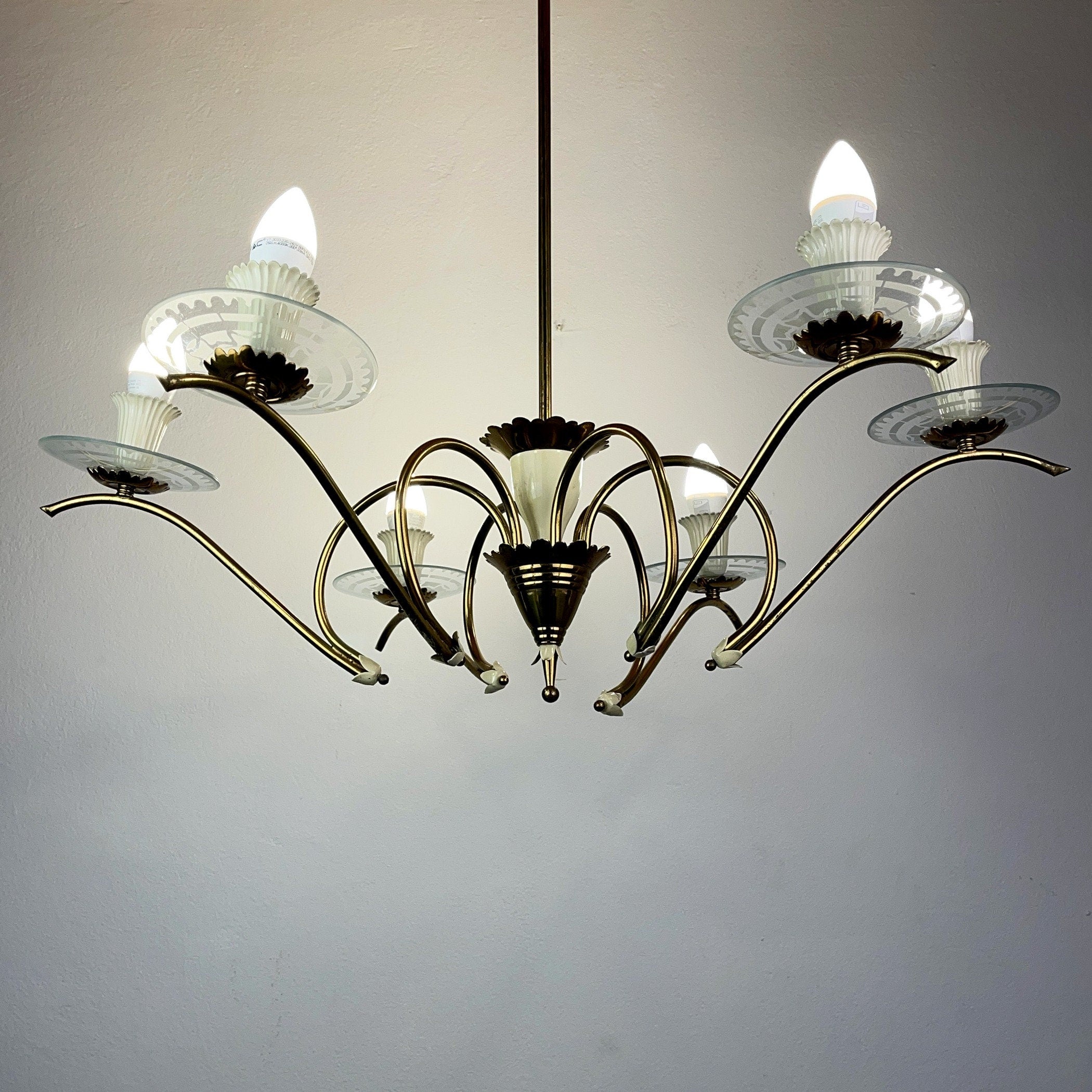 Mid-Century Fontana Arte Chandelier: Brass & Glass, Pietro Chiesa, 1940s