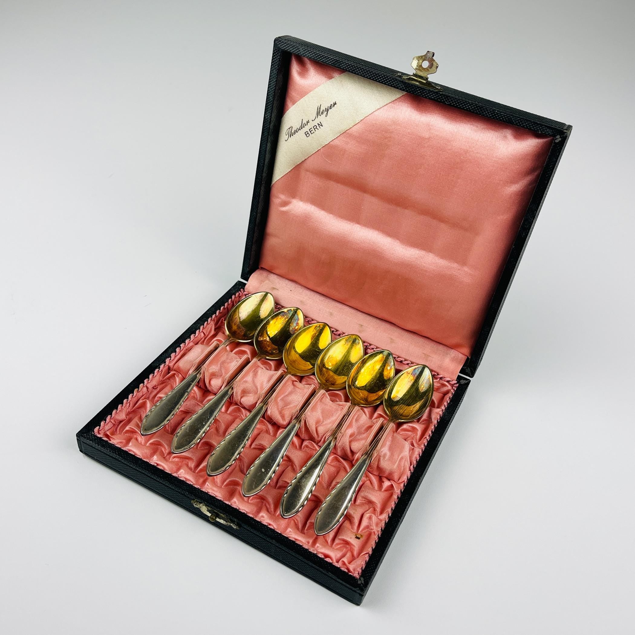 Antique set of 6 silver teaspoons Theodor Meyer Bern, Berndorf, 1920s, Vintage home decor