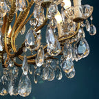 XL Vintage Crystal Chandelier: 1950s Italian Hollywood Regency Brass Lamp