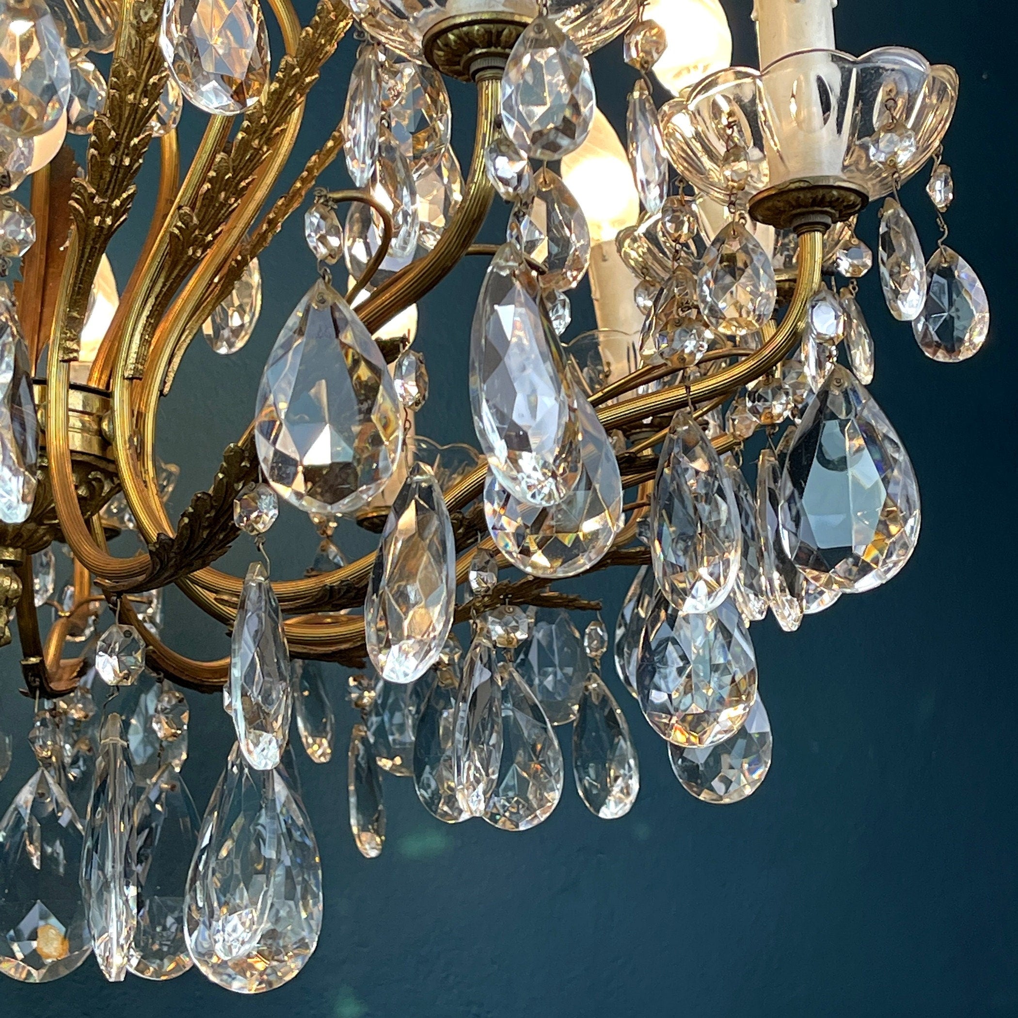 XL Vintage Crystal Chandelier: 1950s Italian Hollywood Regency Brass Lamp