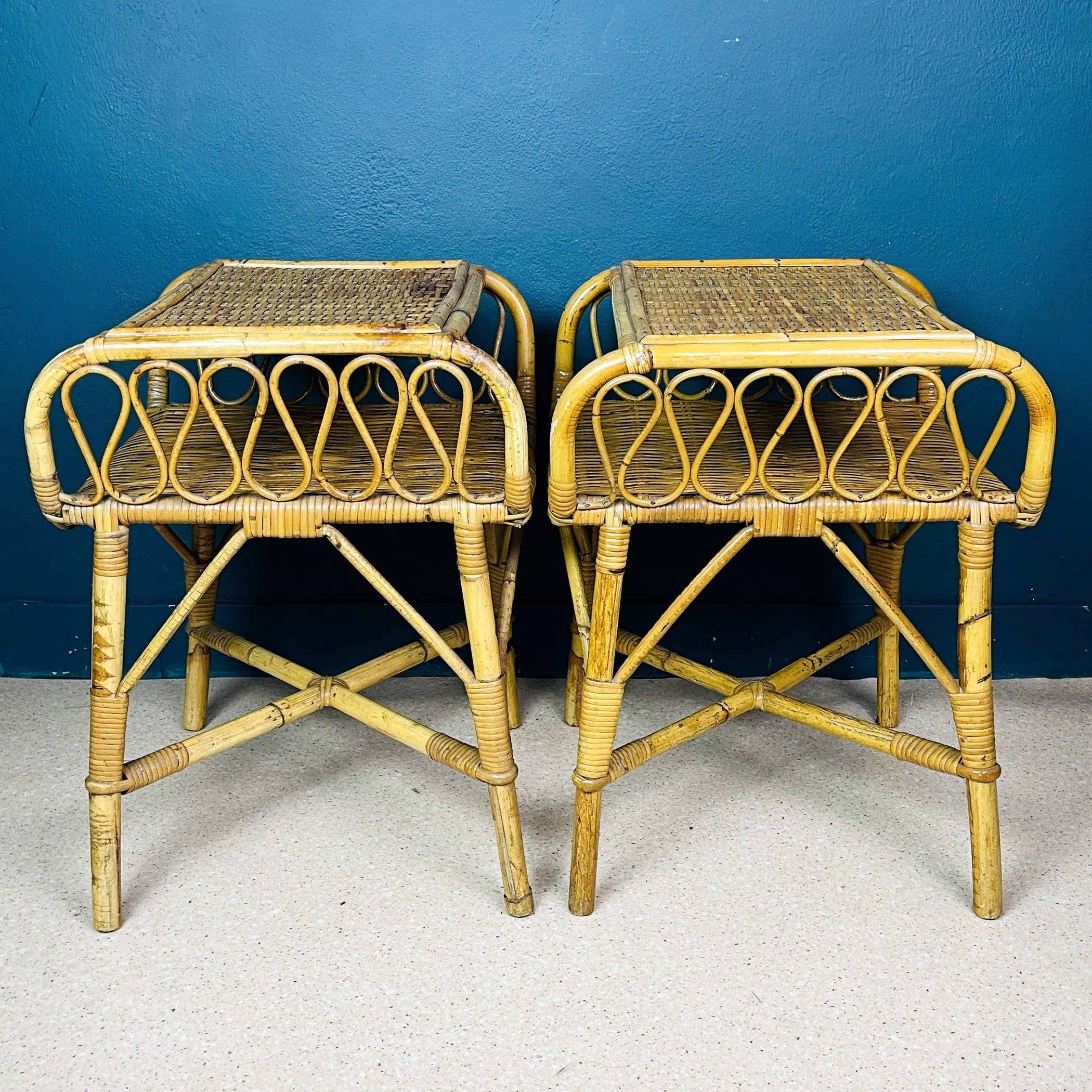 Pair of Vintage bamboo nightstands bedside tables Italy 1960s end table night side furniture modern tiki boho chic bohemian rattan wicker