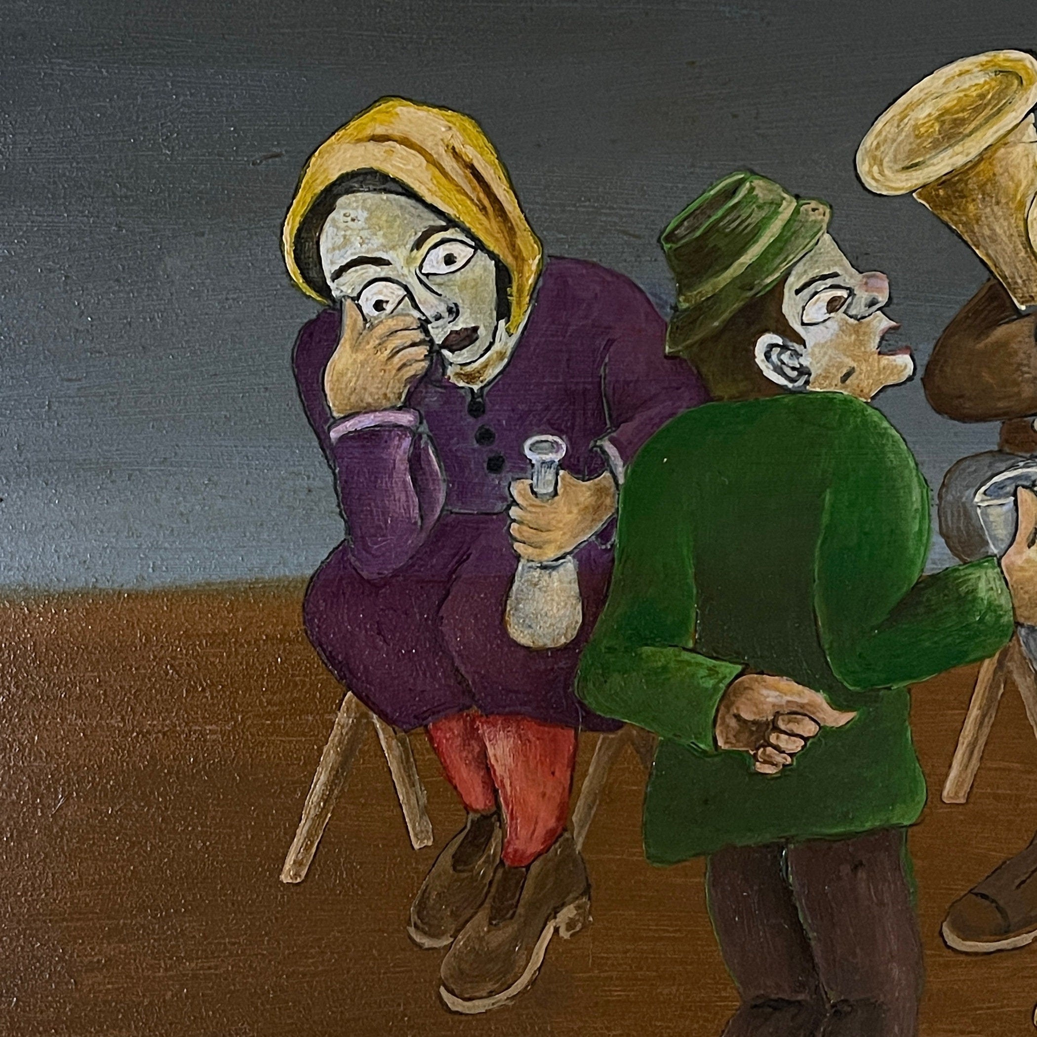 Vintage Naive Art Oil Painting: Rural Feast, Yugoslavia Folk Art