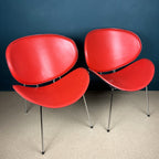Vintage Red Vinyl Lounge Chairs: Pierre Paulin Style, Mid-Century Modern (Pair)