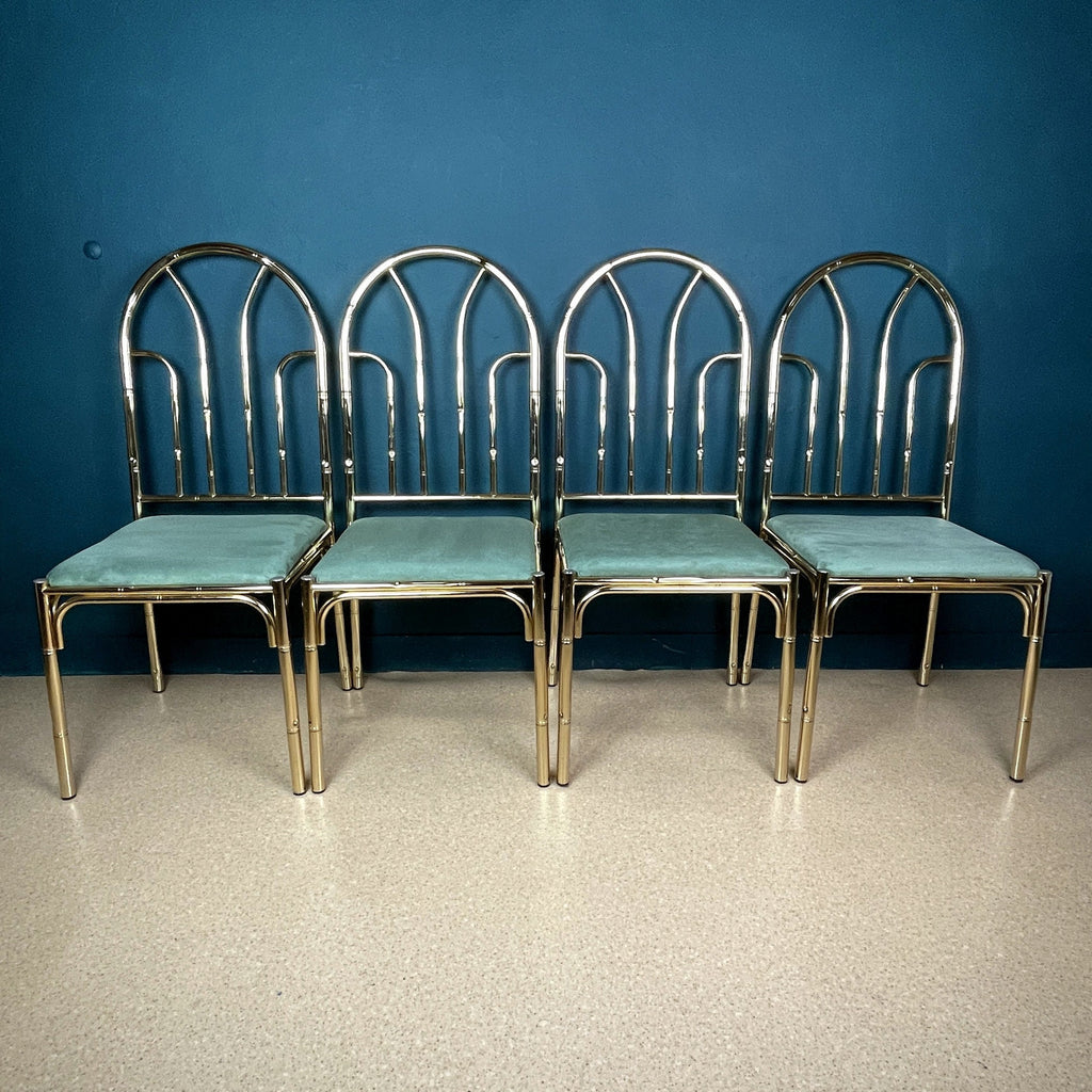 Vintage Brass Faux Bamboo Dining Set: 4 Chairs & Smoked Glass Table, France 1970s