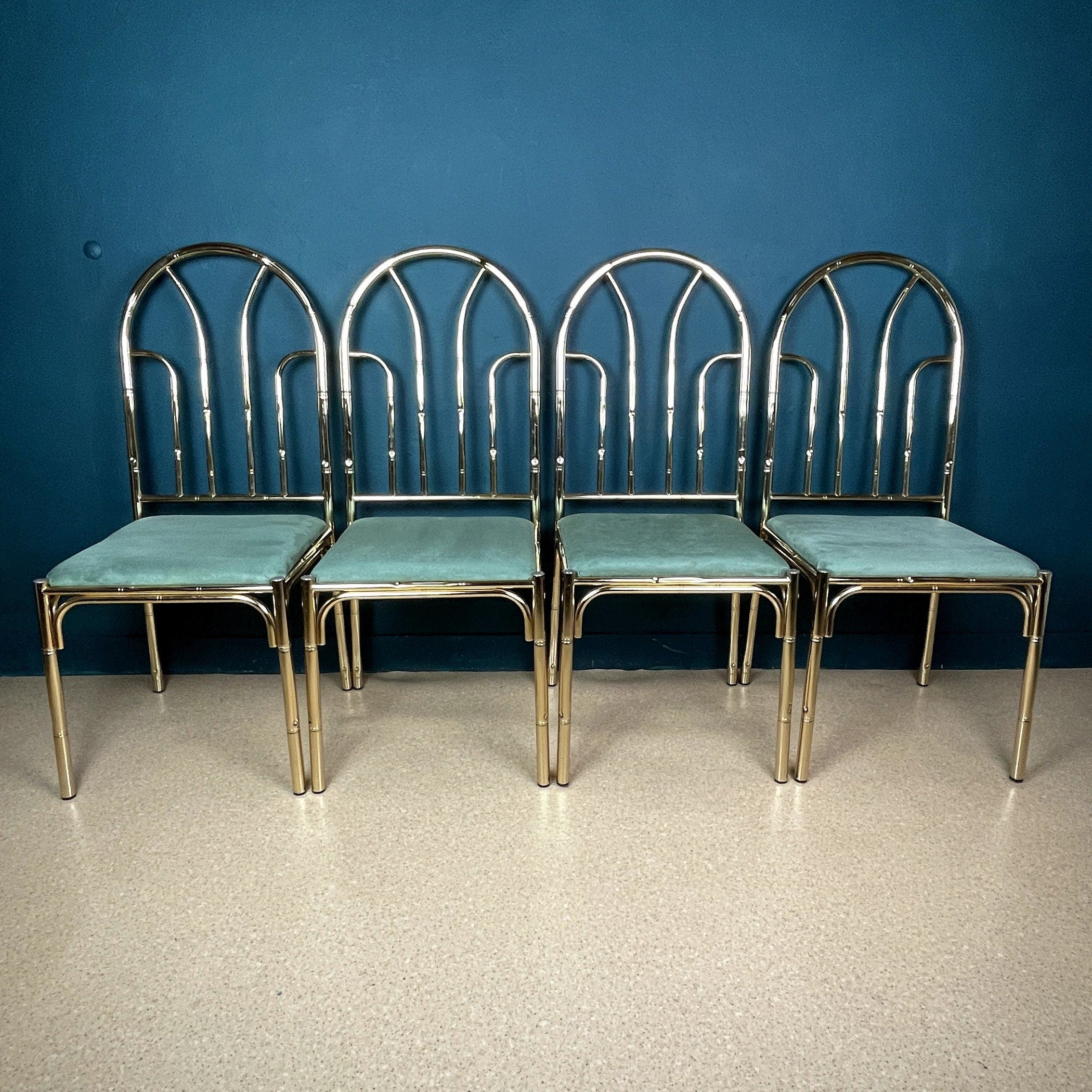 Vintage Brass Faux Bamboo Dining Set: 4 Chairs & Smoked Glass Table, France 1970s