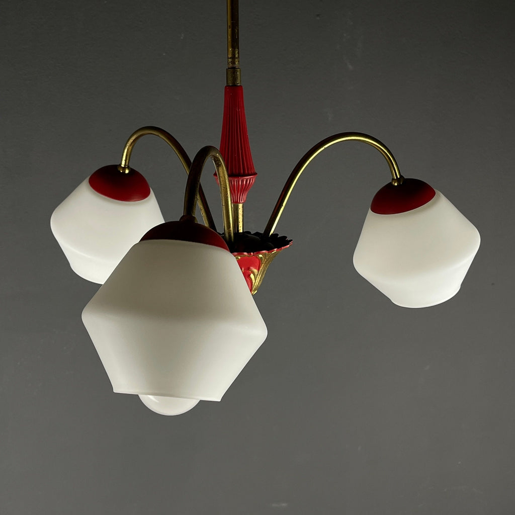 Vintage Italian Brass and Milky Glass 3-Arm Chandelier - 1950s Classic Design