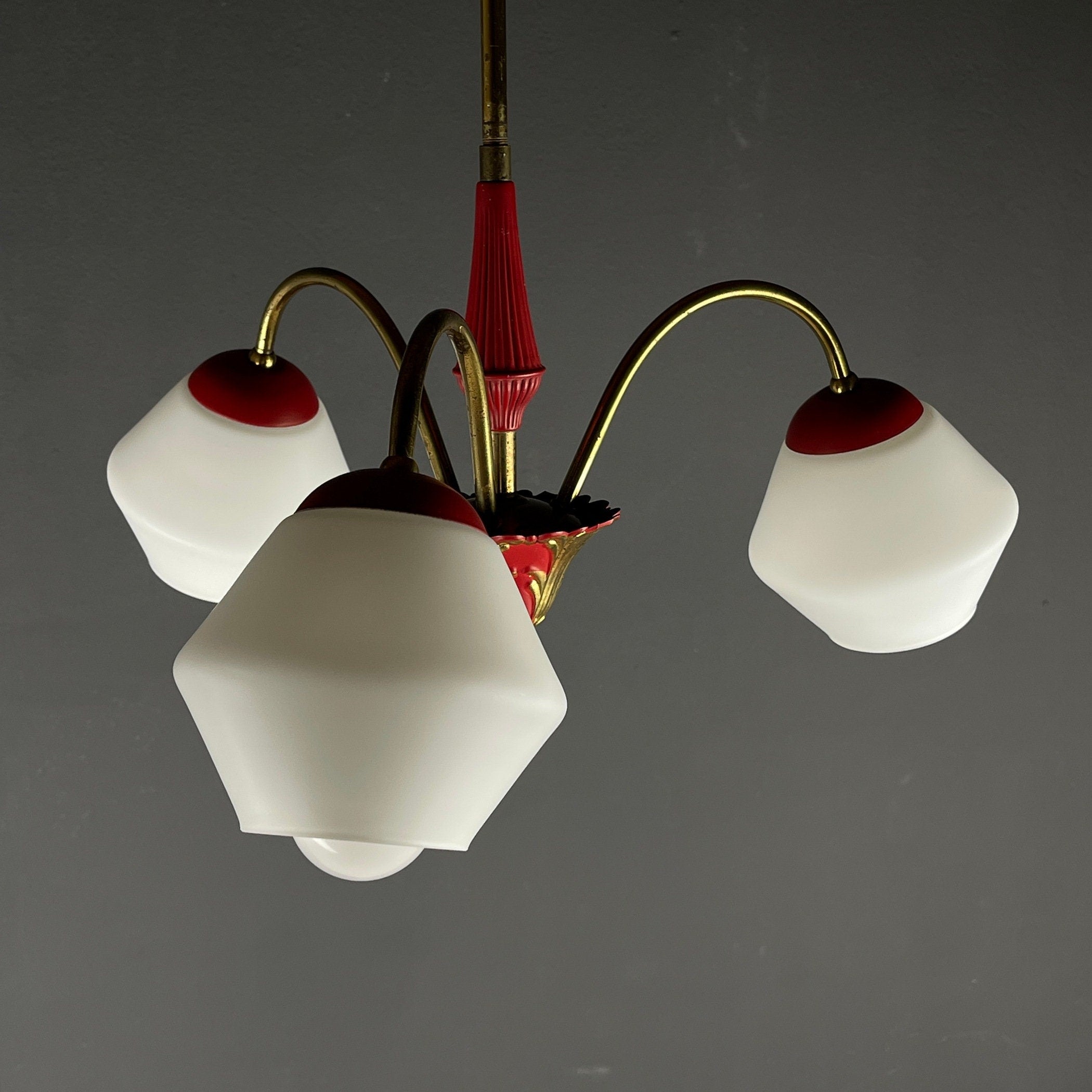 Vintage Italian Brass and Milky Glass 3-Arm Chandelier - 1950s Classic Design