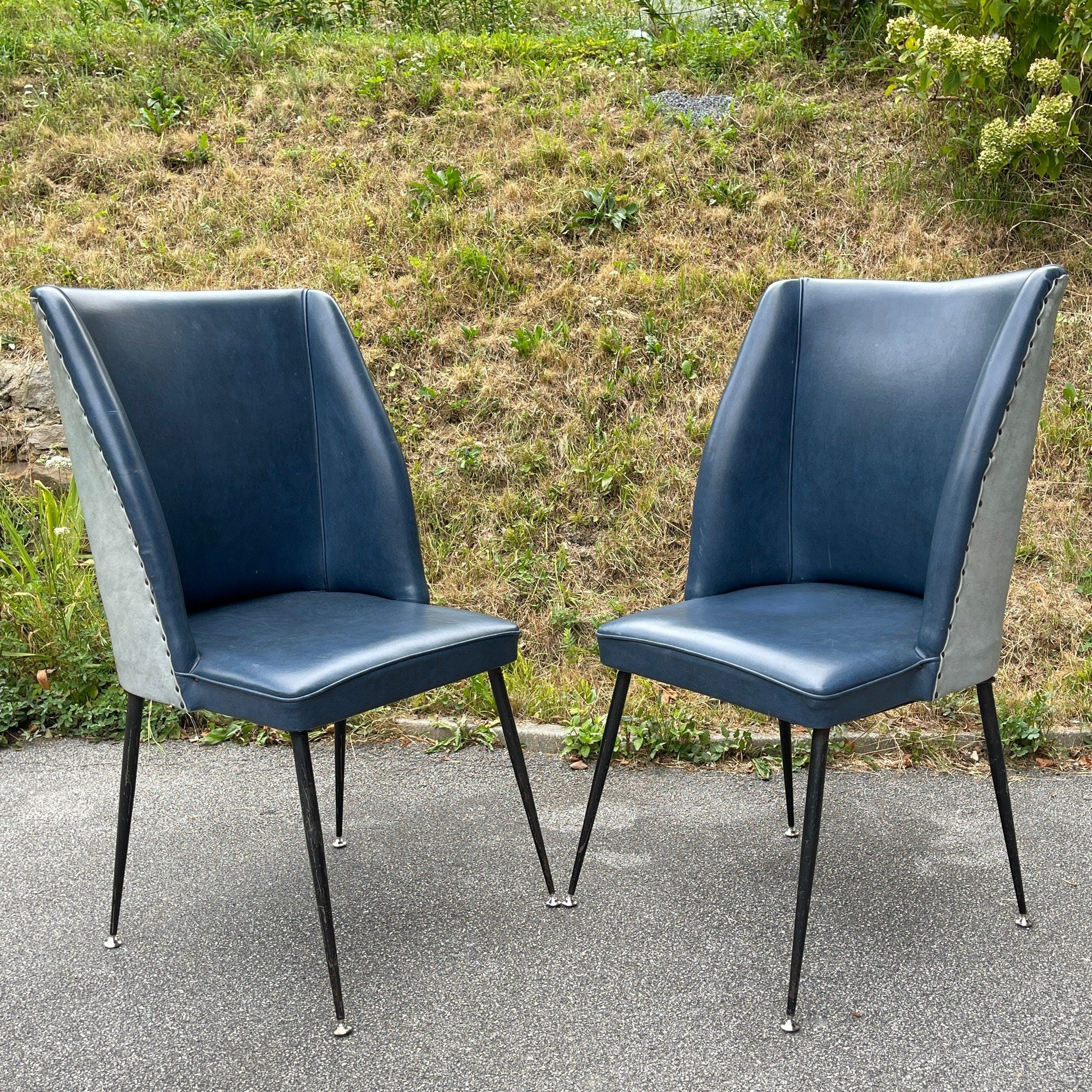 Vintage blue dining chairs, Italy 1950s, Mid-century modern, Set of 2