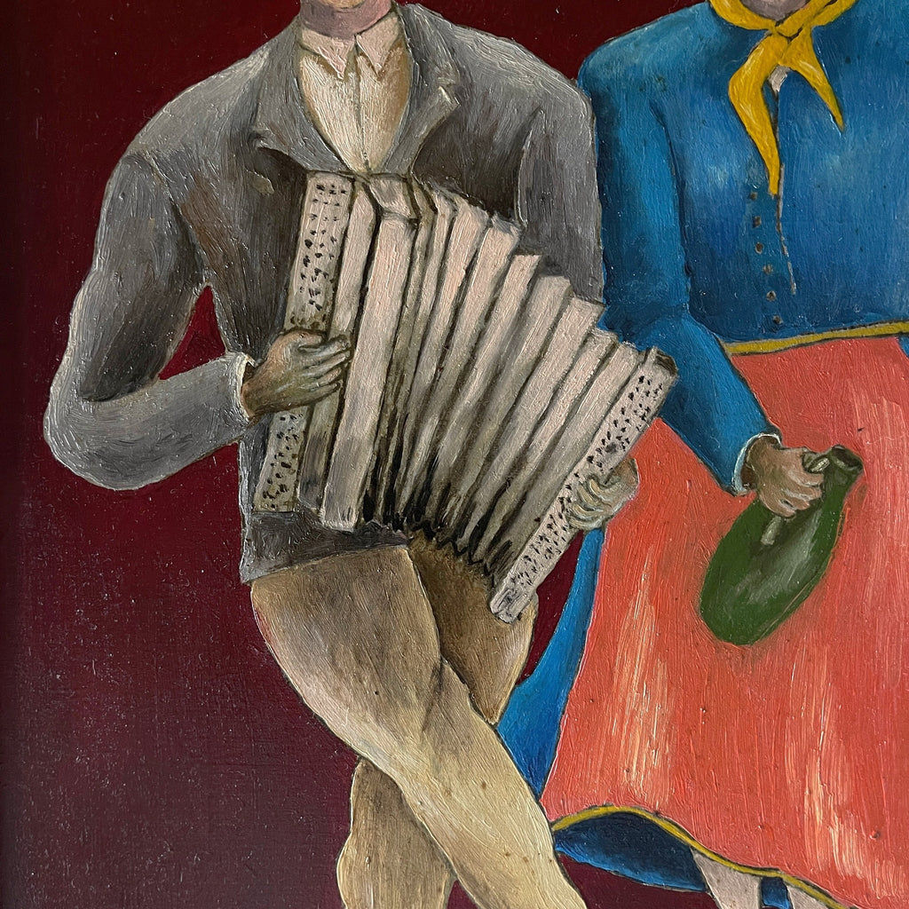 Vintage Folk Art Oil Painting Diptych: Yugoslavia Naive Art, 1970s