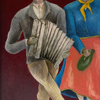 Vintage Folk Art Oil Painting Diptych: Yugoslavia Naive Art, 1970s