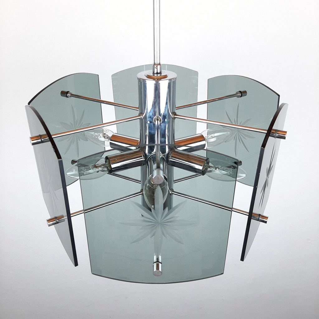 Mid-Century Modern Smoked Glass Pendant Lamp: EMI Poljcane Yugoslavia '70s