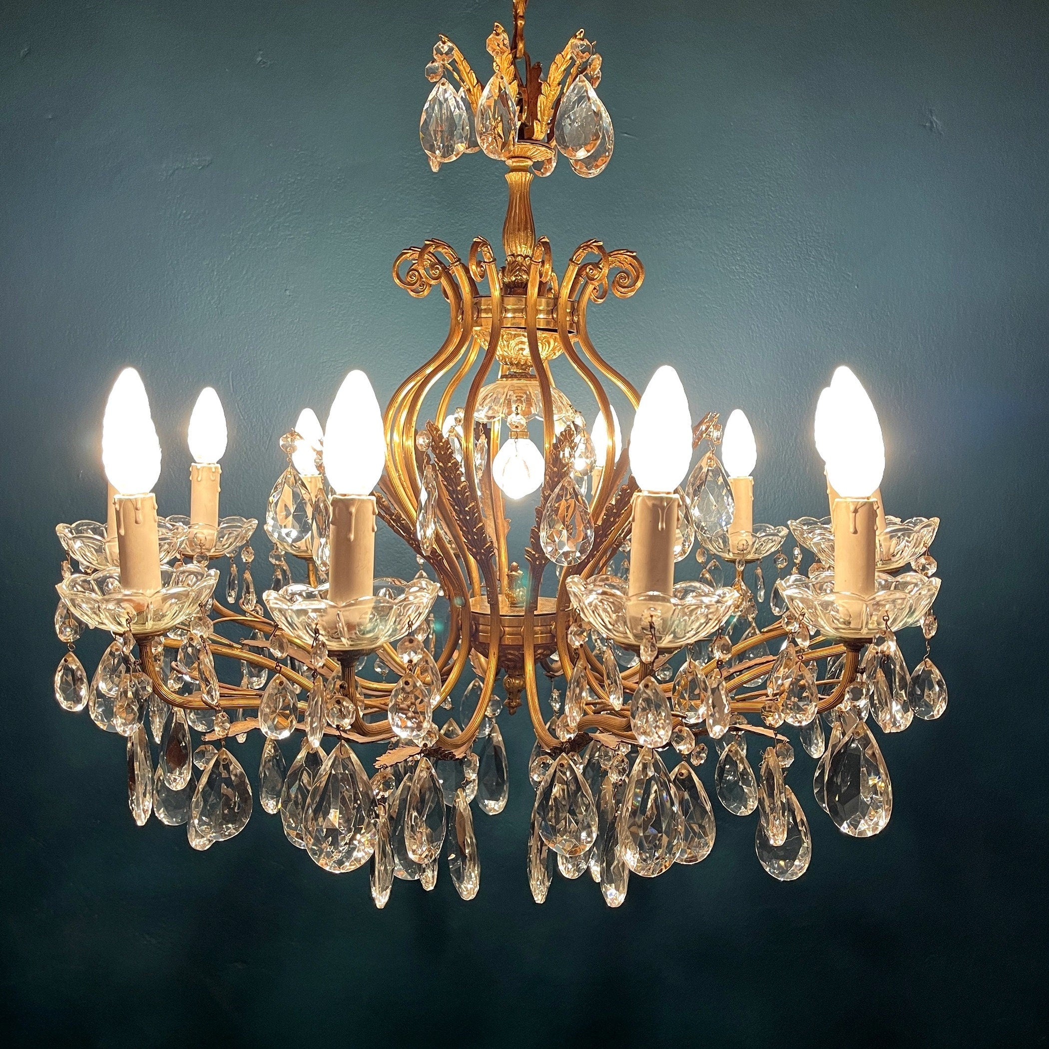 XL Vintage Crystal Chandelier: 1950s Italian Hollywood Regency Brass Lamp
