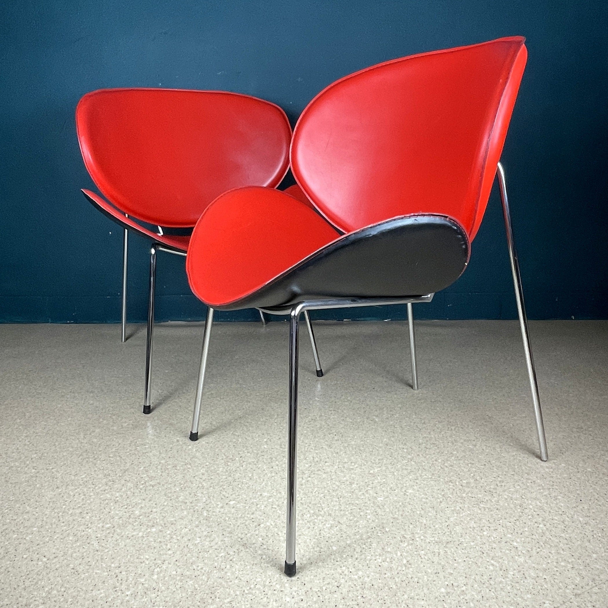 Vintage Red Vinyl Lounge Chairs: Pierre Paulin Style, Mid-Century Modern (Pair)