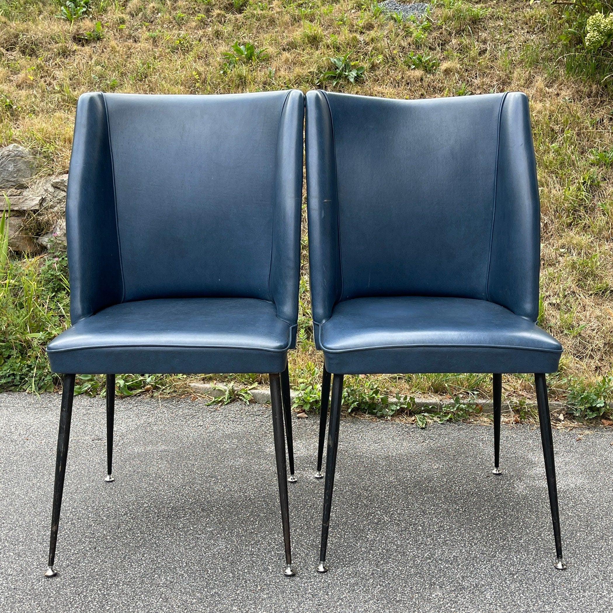Vintage blue dining chairs, Italy 1950s, Mid-century modern, Set of 2