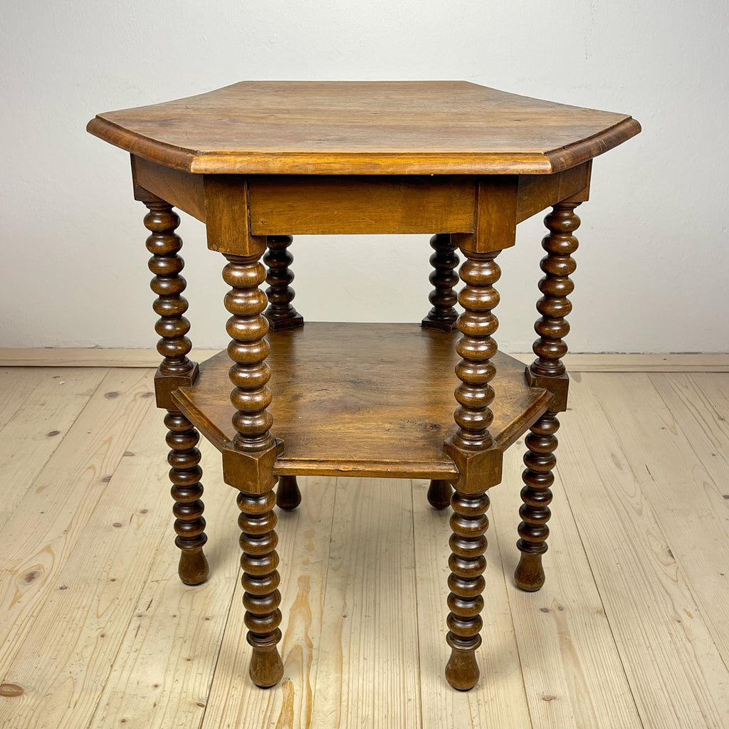 Antique Hexagonal Walnut Side Table, Italy, the Early 20th Century, Bobbin Turned Legs
