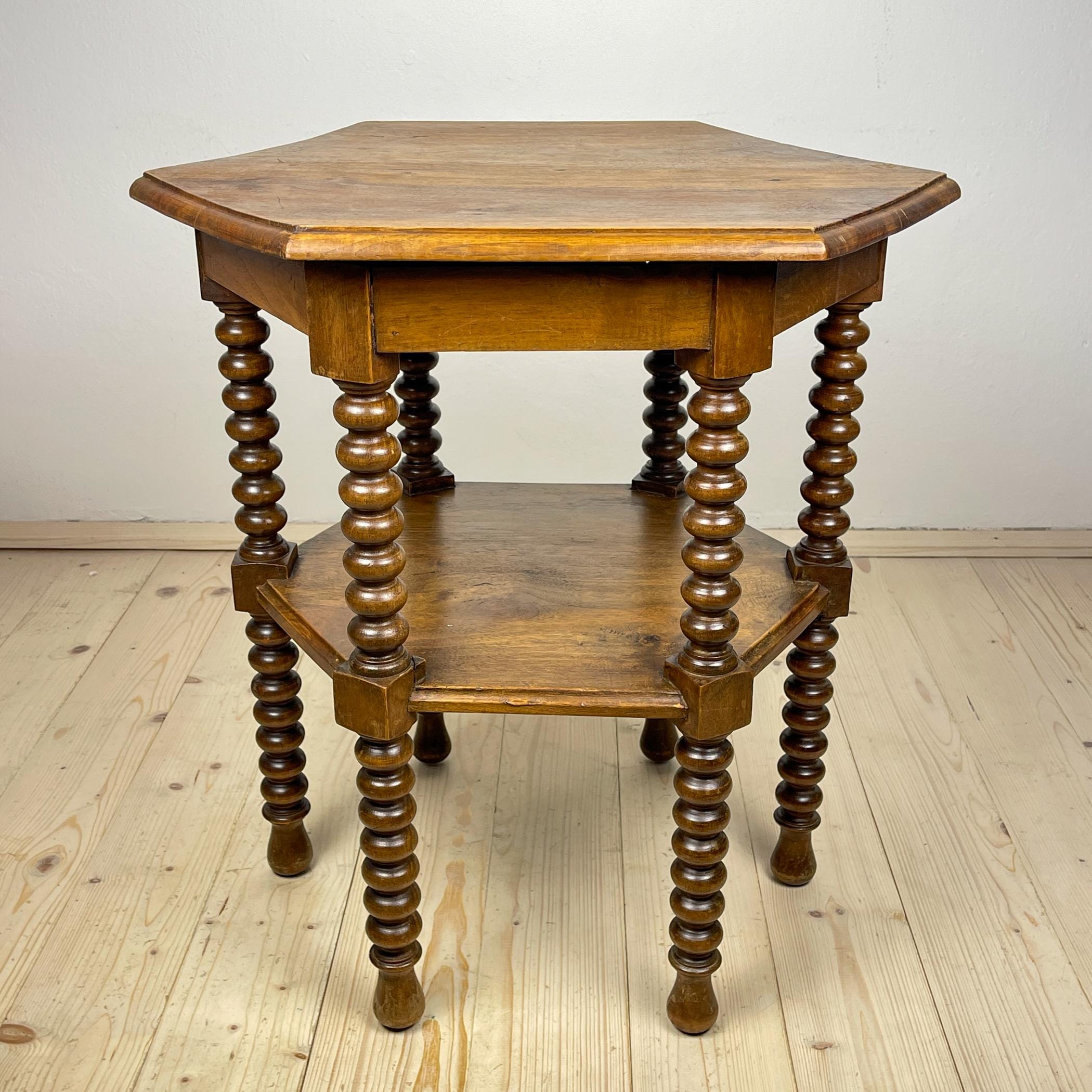 Antique Hexagonal Walnut Side Table, Italy, the Early 20th Century, Bobbin Turned Legs