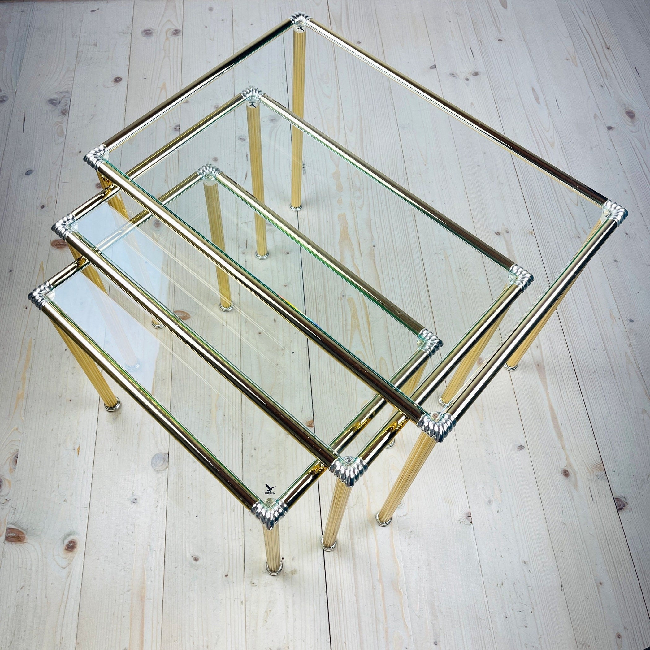 Vintage golden coffee table Italy 1970s Set of 3 Mid-century italian modern furniture