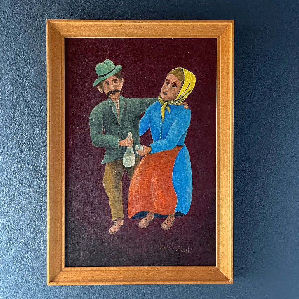 Vintage Folk Art Oil Painting Diptych: Yugoslavia Naive Art, 1970s