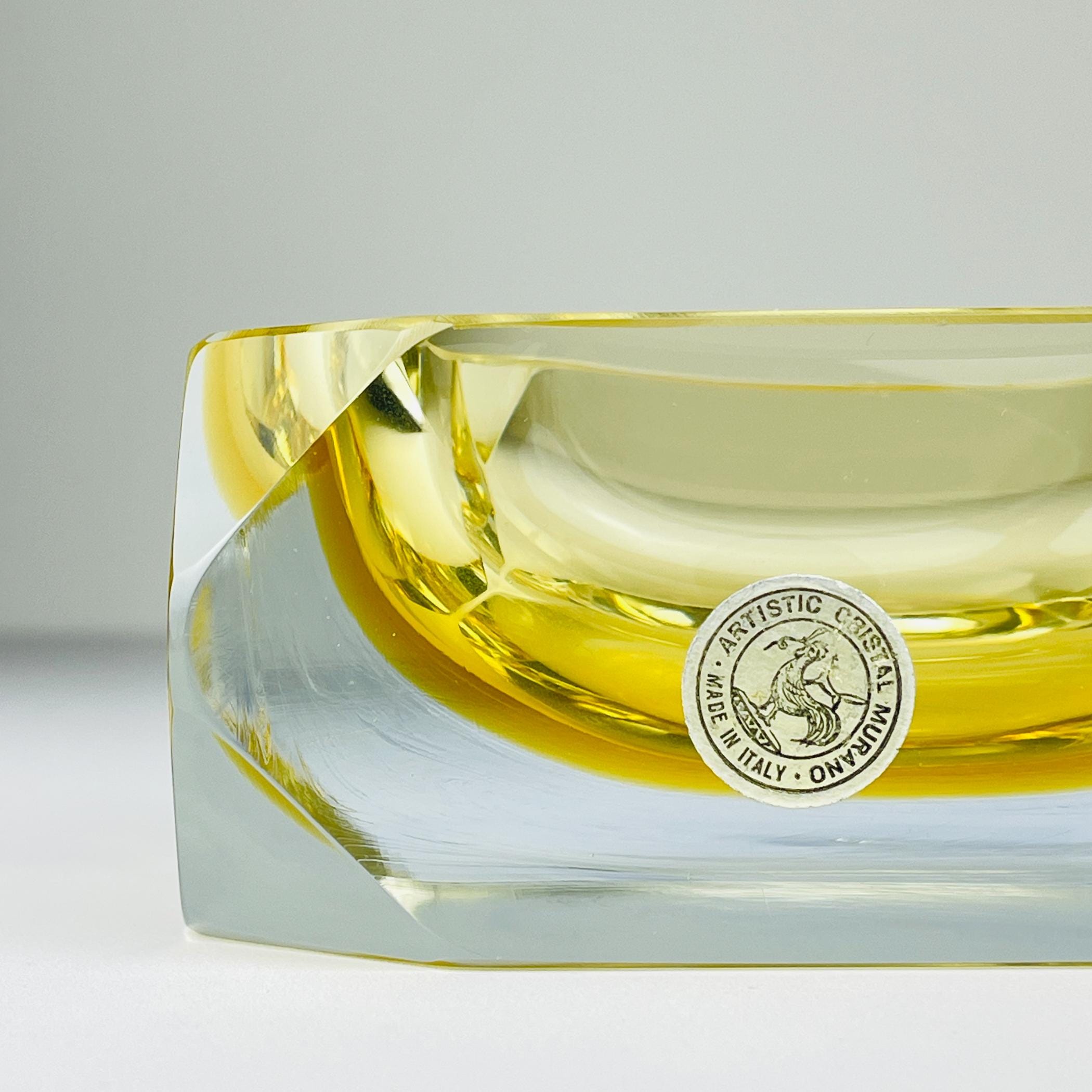Original yellow murano glass ashtray by Bucella Cristalli Murano, Italy, 1970s, Vintage Home Decor