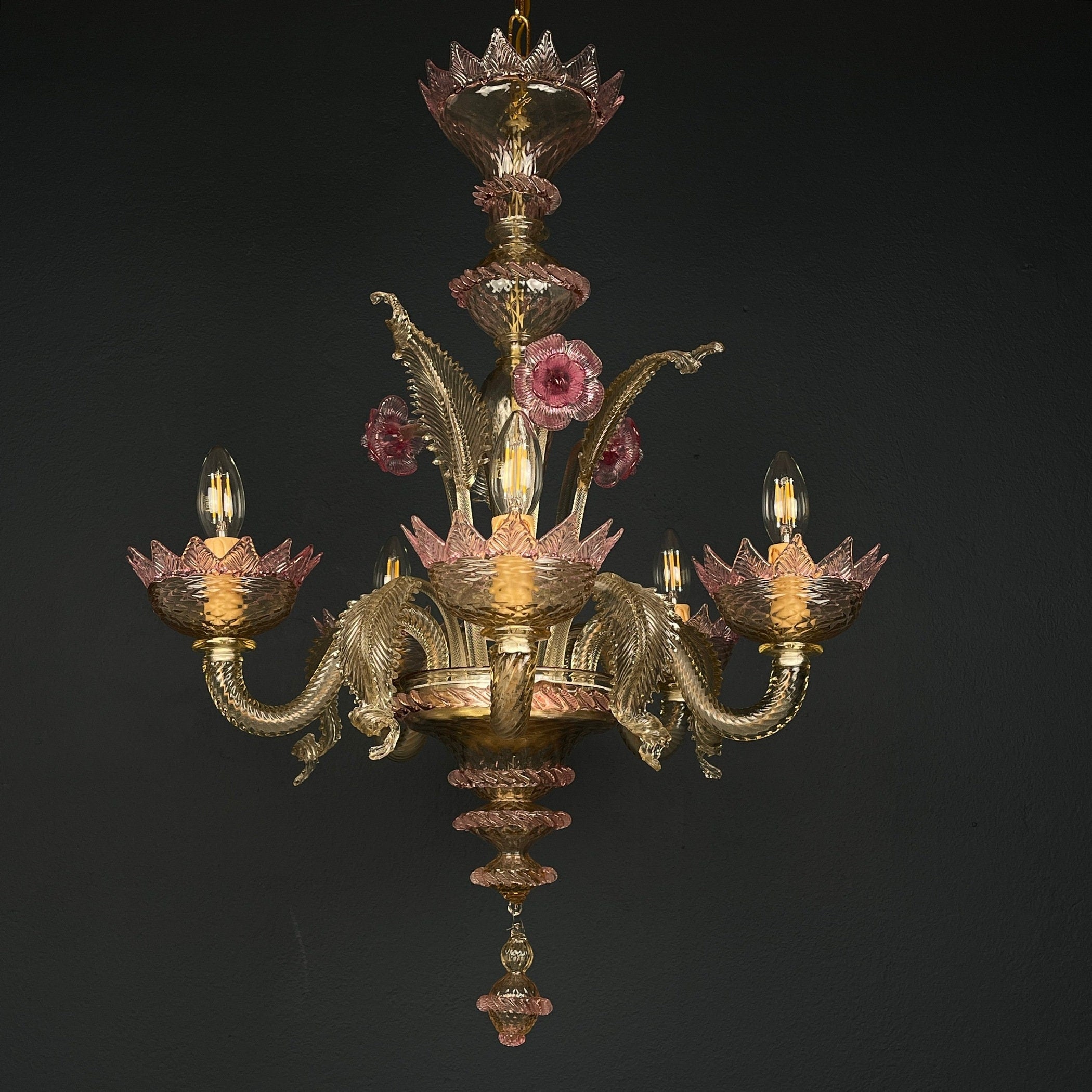 Murano chandelier Italy 1980s Pink and clear Italian home decor