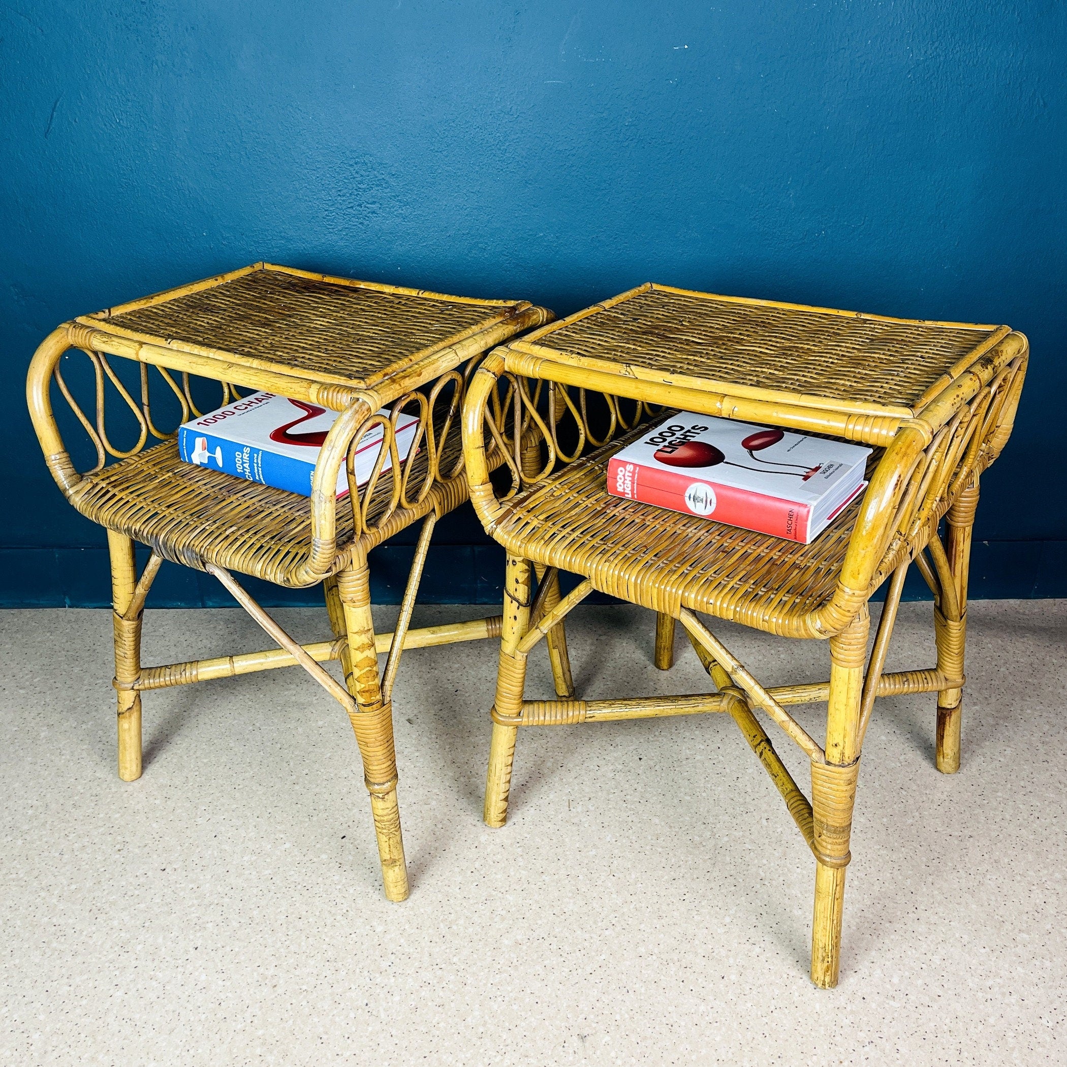 Pair of Vintage bamboo nightstands bedside tables Italy 1960s end table night side furniture modern tiki boho chic bohemian rattan wicker