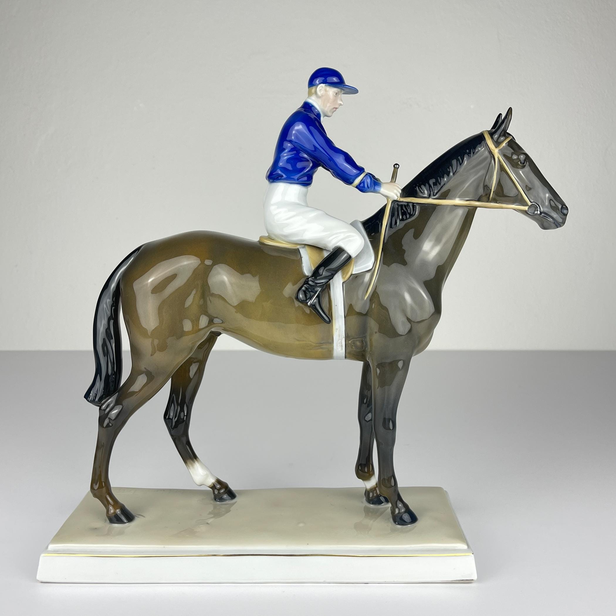 Vintage Fraureuth Porcelain Horse and Jockey Sculpture: Max Hermann Fritz, 1920s German Decor