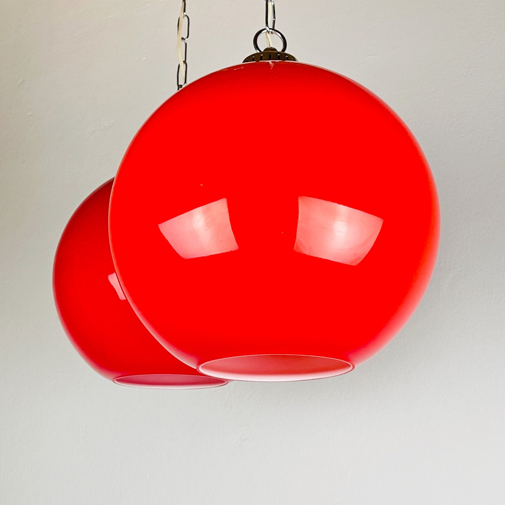 Vintage Red Glass Pendant Lamp: Mid Century Modern Lighting, Yugoslavia 1980s