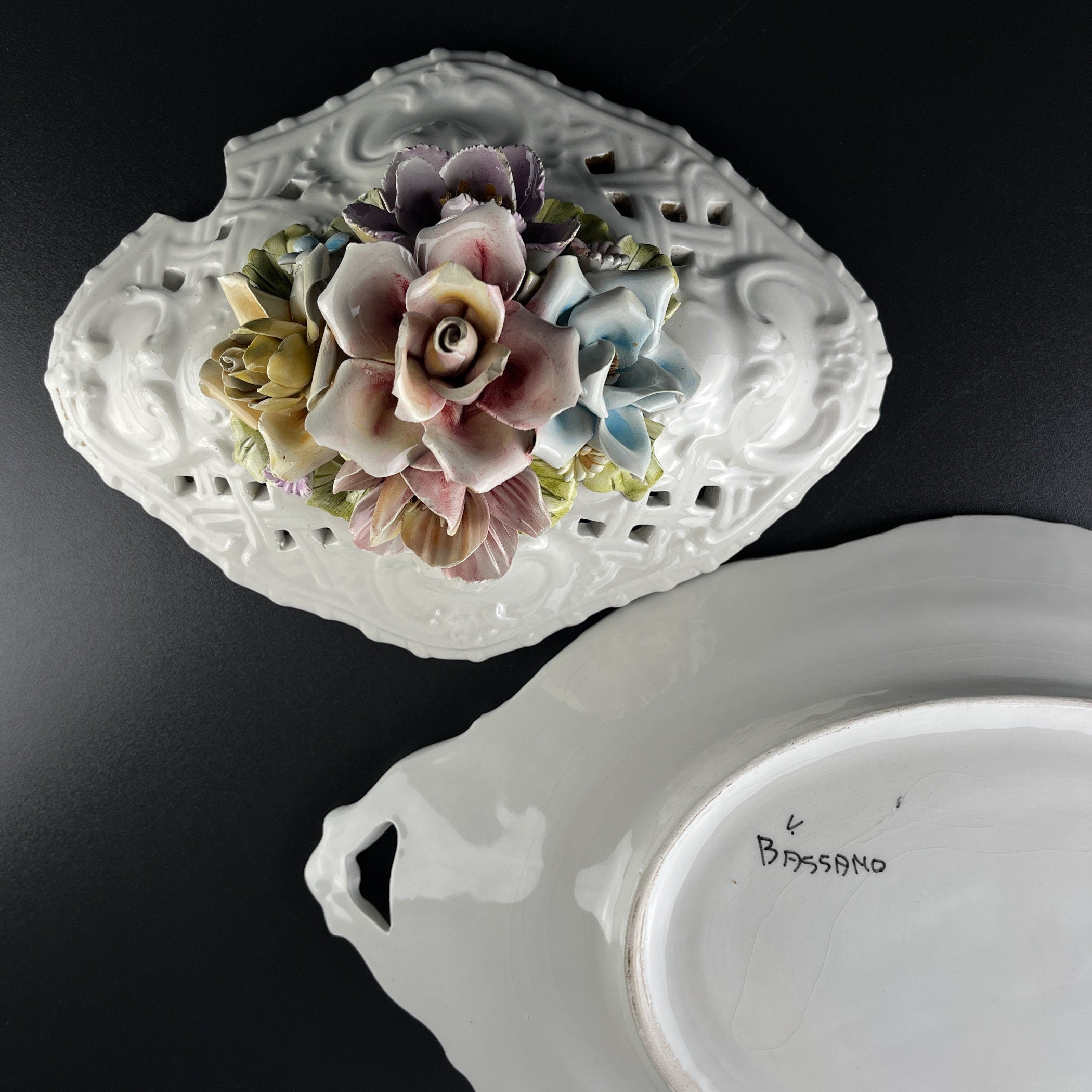 Vintage Bassano Italy Ceramic Tureen with Floral Lid, 1950s Decor
