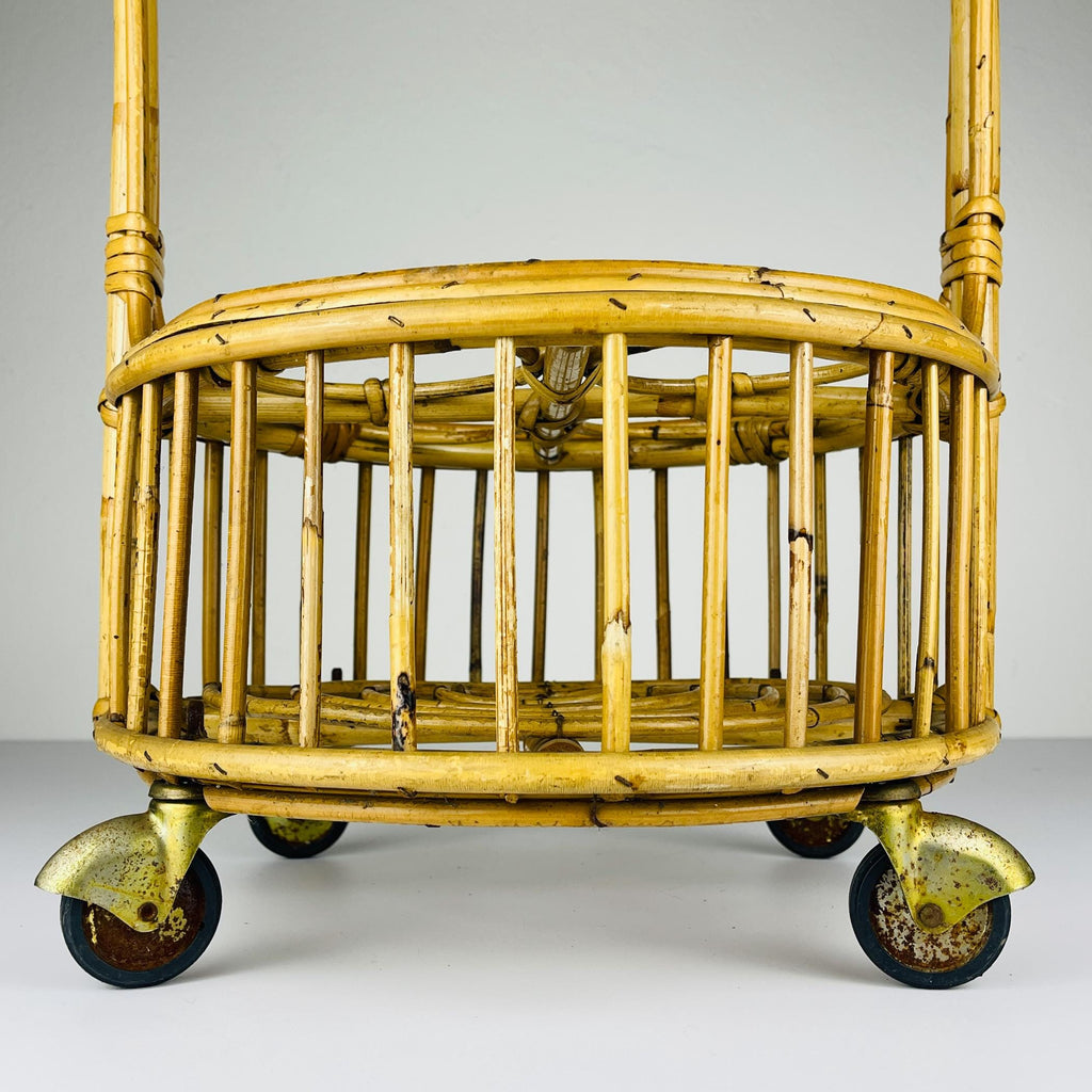 Vintage bamboo & rattan round service bar cart, Italy 1960s