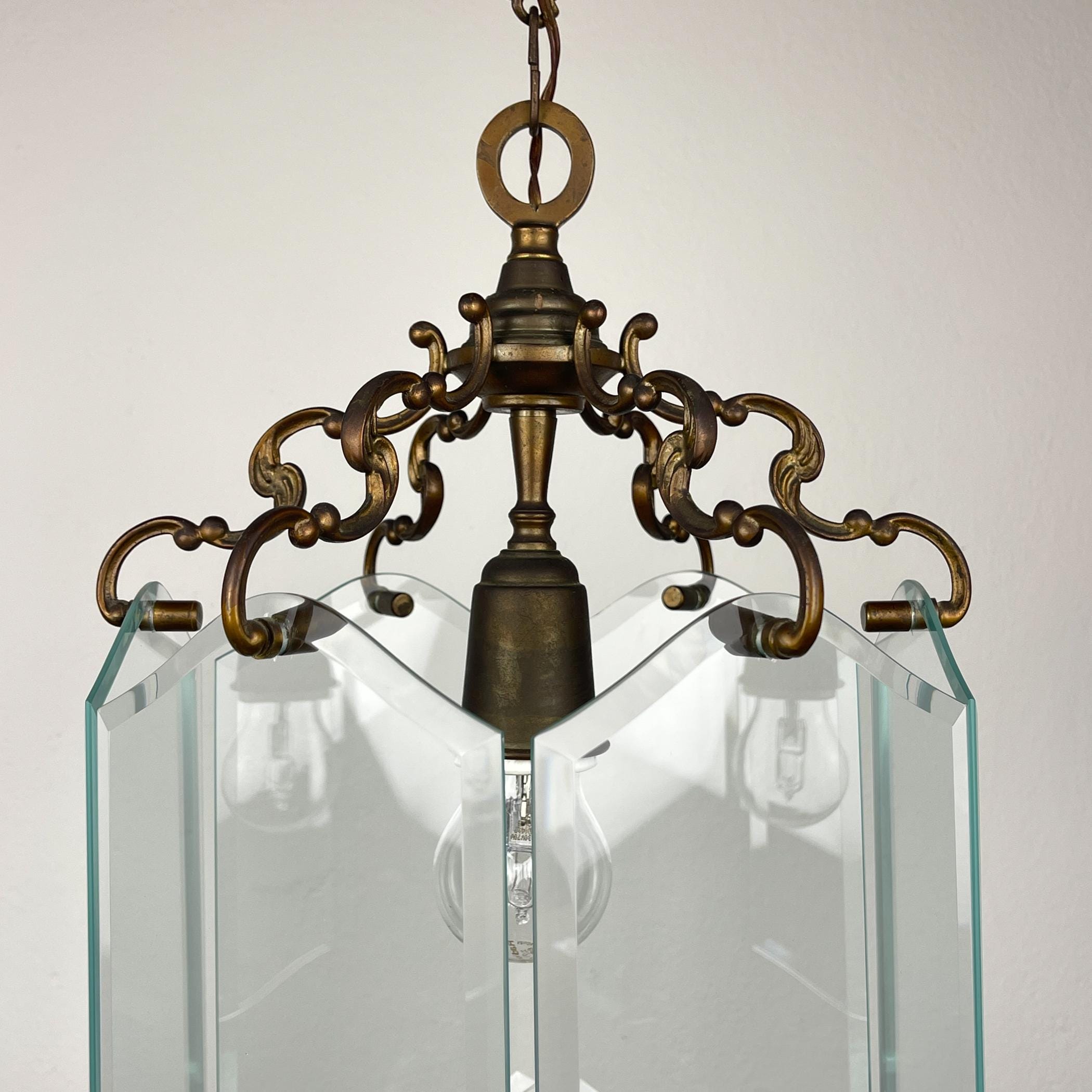 Vintage bronze pendant lamp, in style of Pietro Chiesa For Fontana Arte, Italy, 1950s