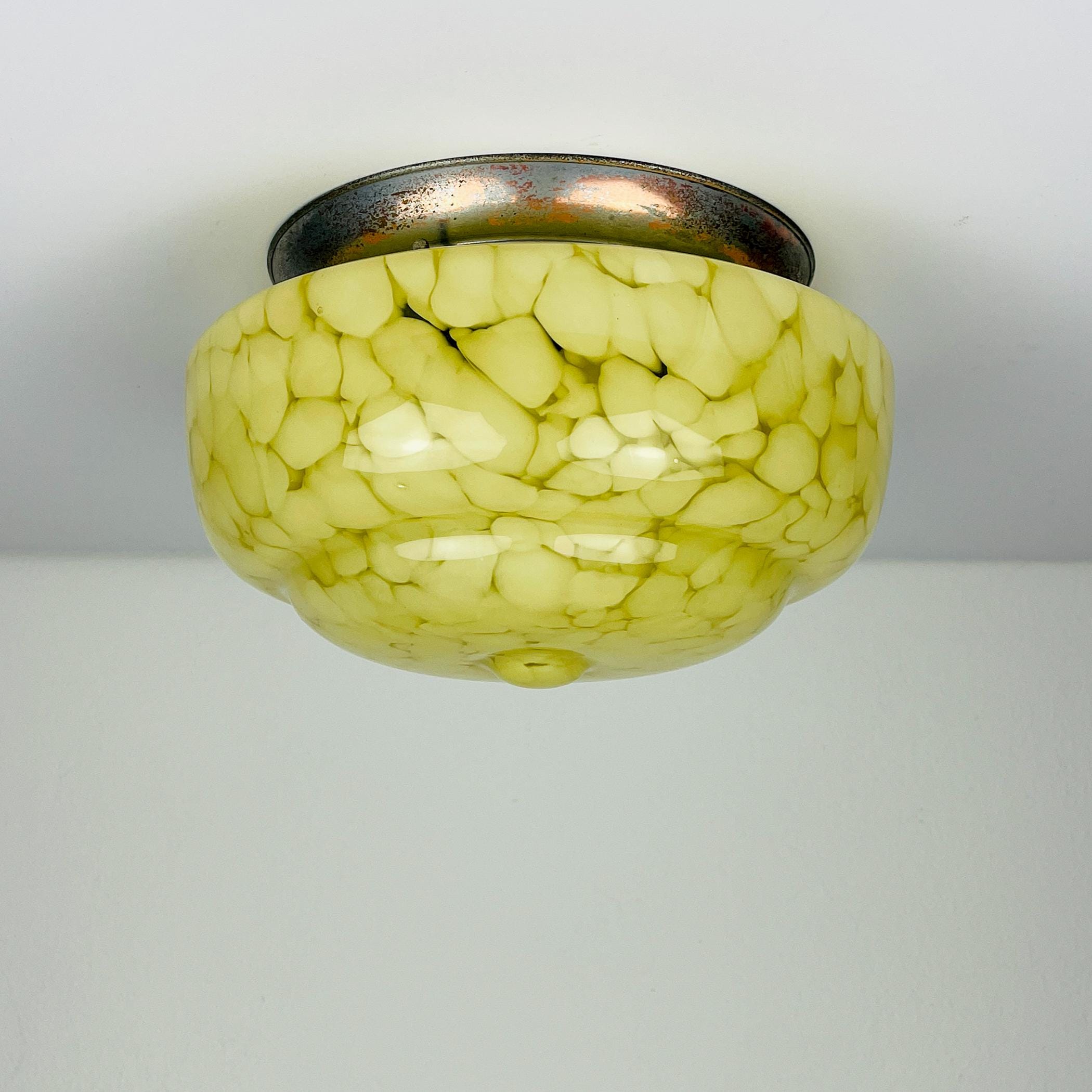 Art Deco yellow glass ceiling lamp, Italy 1950s, Vintage home decor