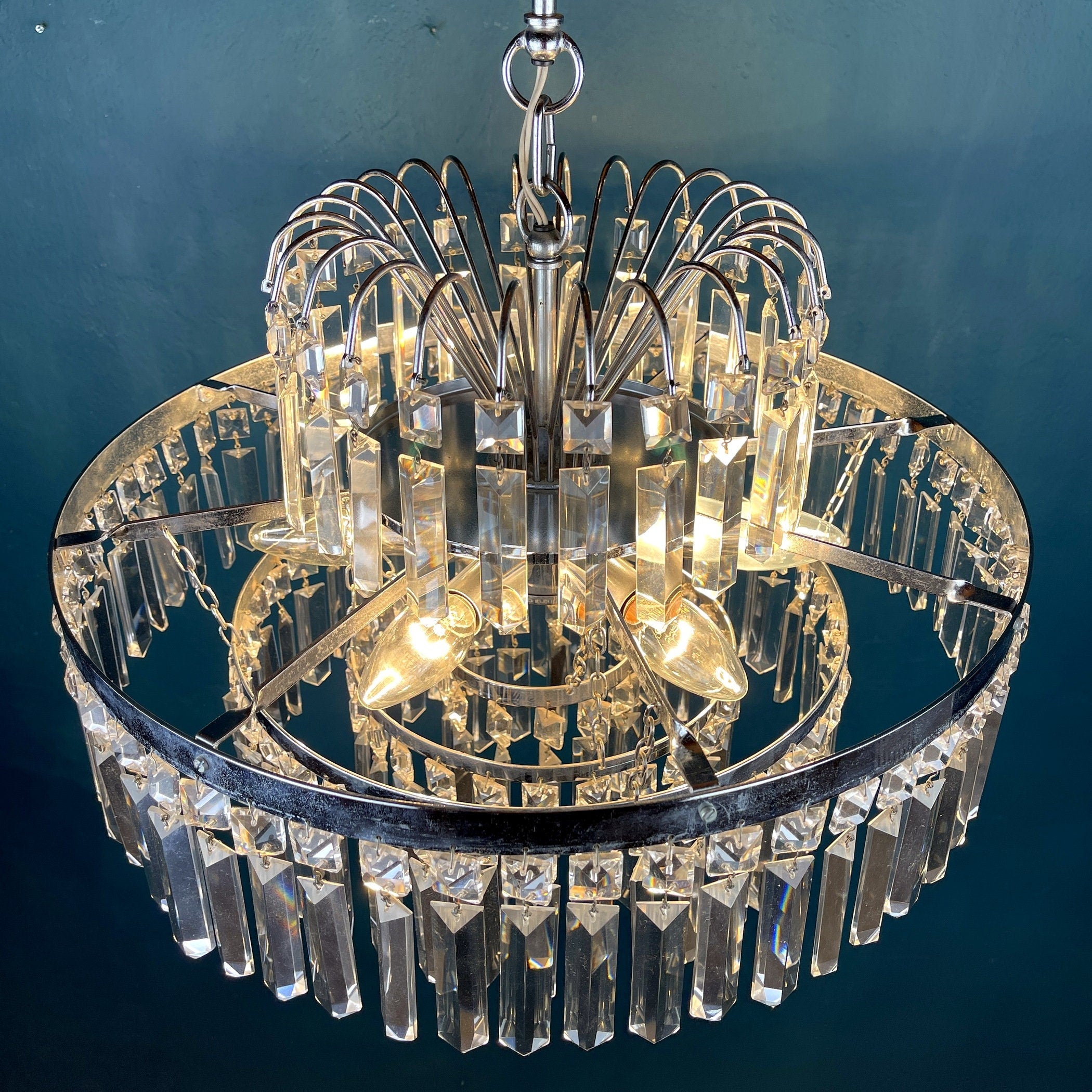 Vintage large crystal chandelier Sijaj Hrastnik Yugoslavia 1970s MCM mid-century lighting Retro home decor