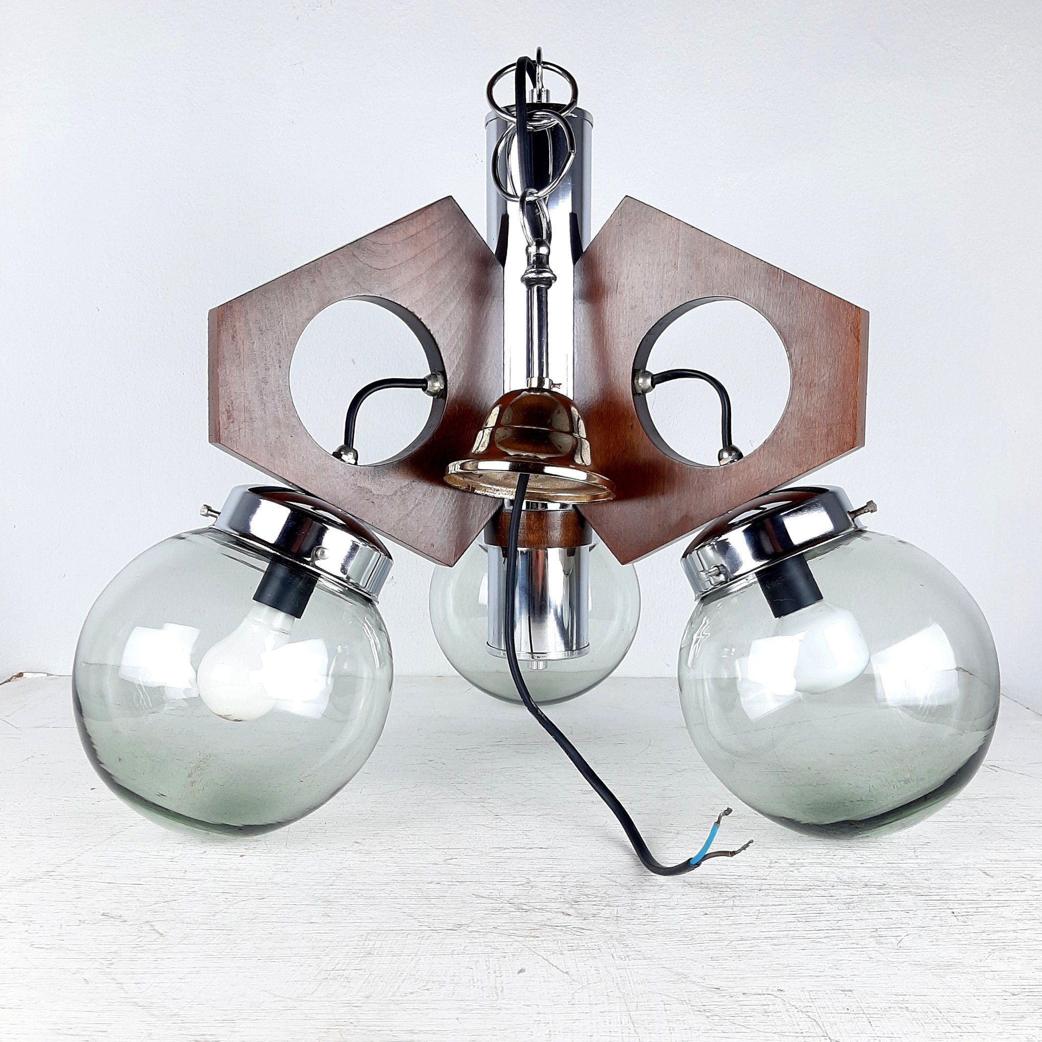 Mid-Century Modern Chandelier: 1970s Yugoslavia Wood, Glass, & Metal 3-Bulb Lamp