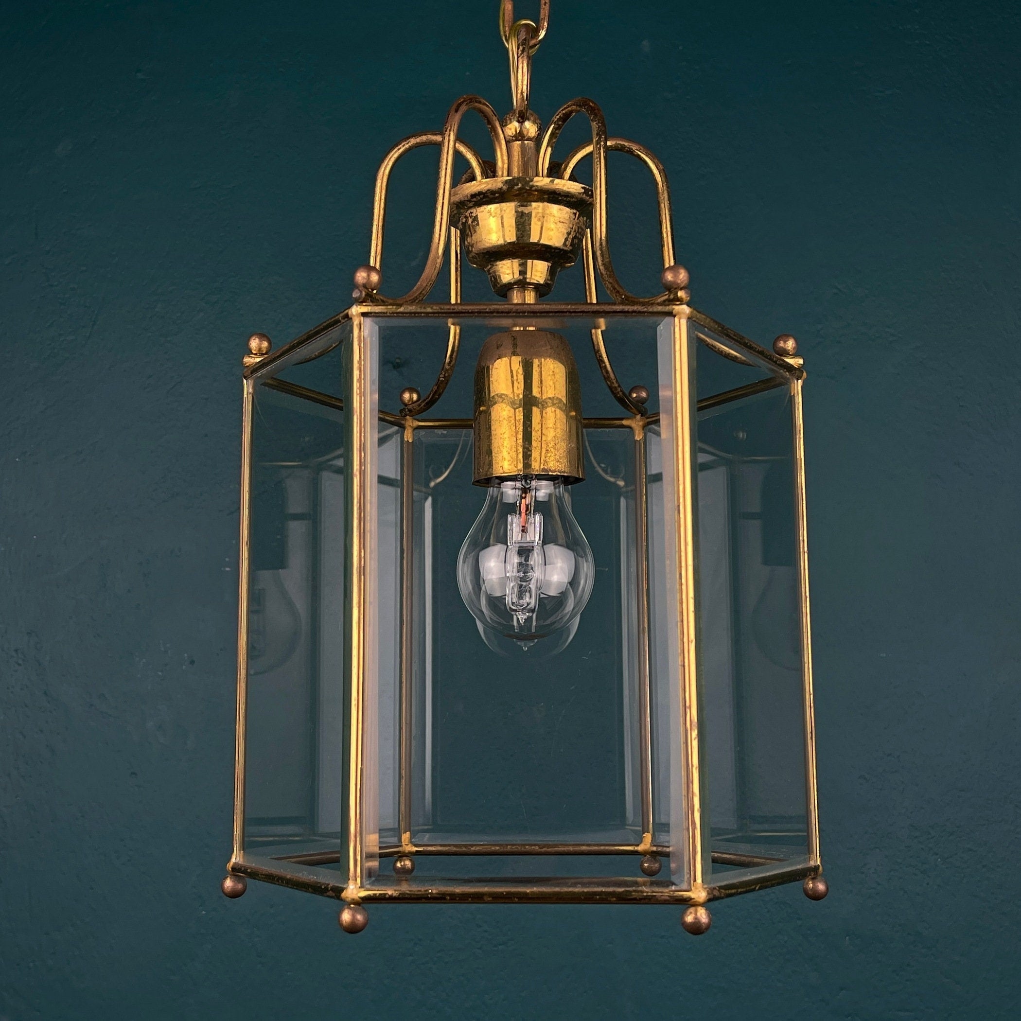 Vintage pendant lamp Italy '60s Brass Polished Glass Retro lighting