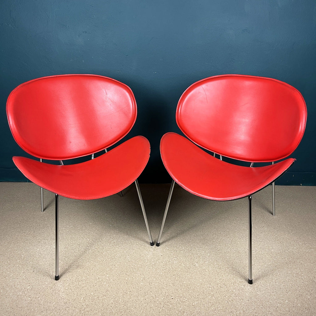 Vintage Red Vinyl Lounge Chairs: Pierre Paulin Style, Mid-Century Modern (Pair)