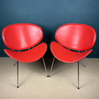 Vintage Red Vinyl Lounge Chairs: Pierre Paulin Style, Mid-Century Modern (Pair)