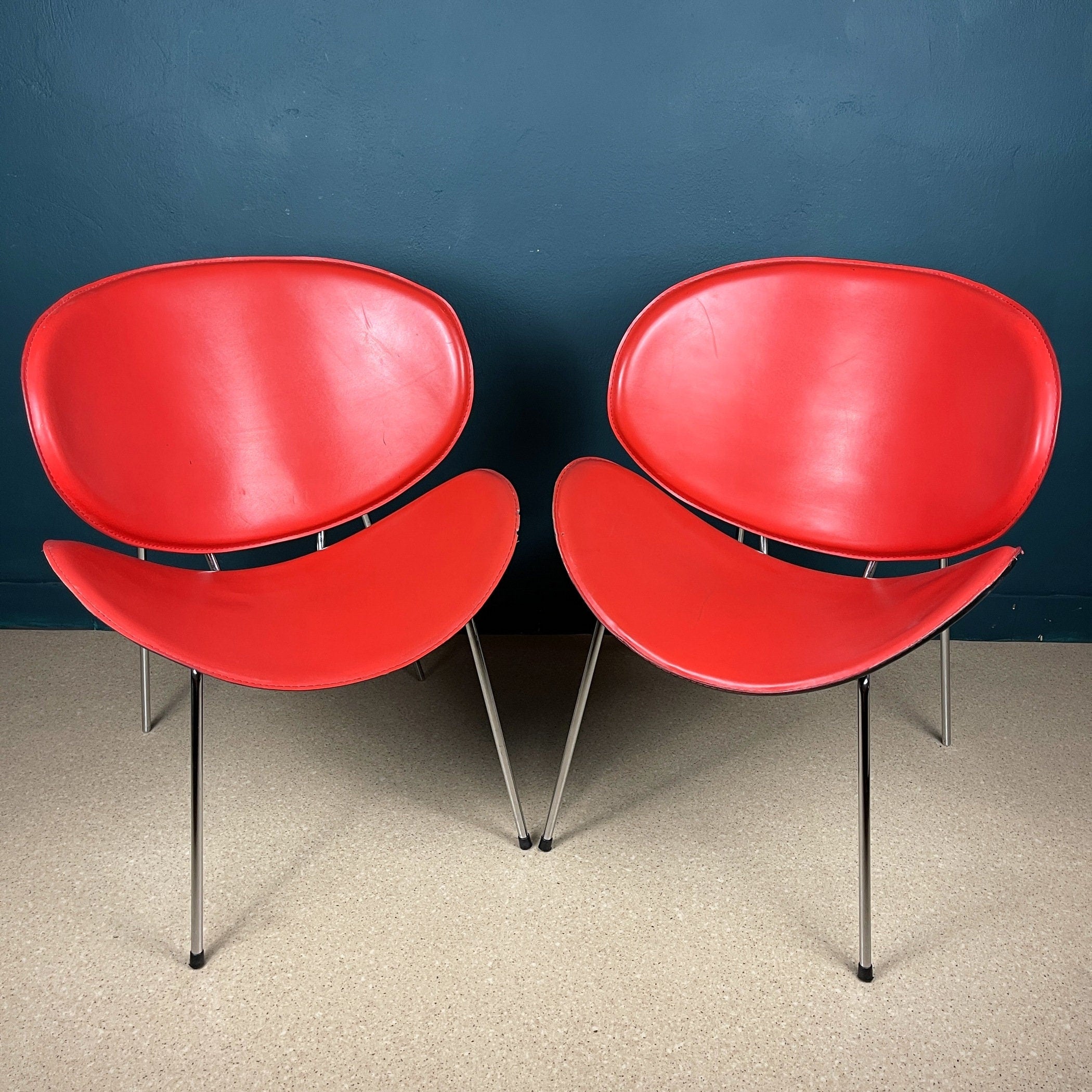 Vintage Red Vinyl Lounge Chairs: Pierre Paulin Style, Mid-Century Modern (Pair)