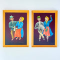 Vintage Folk Art Oil Painting Diptych: Yugoslavia Naive Art, 1970s