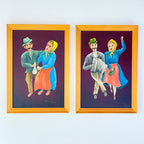Vintage Folk Art Oil Painting Diptych: Yugoslavia Naive Art, 1970s