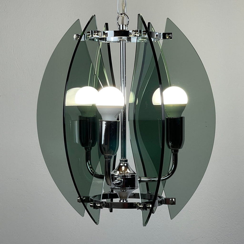 Veca Italian Chandelier: Mid-Century Smoked Glass Pendant Lamp